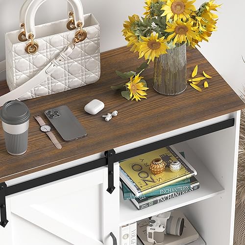 Miniatura 7 de Gabinete de bar de café de granja, gabinete de almacenamiento de buffet blanco con puerta corrediza de granero, armario de cocina de 28 pulgadas con