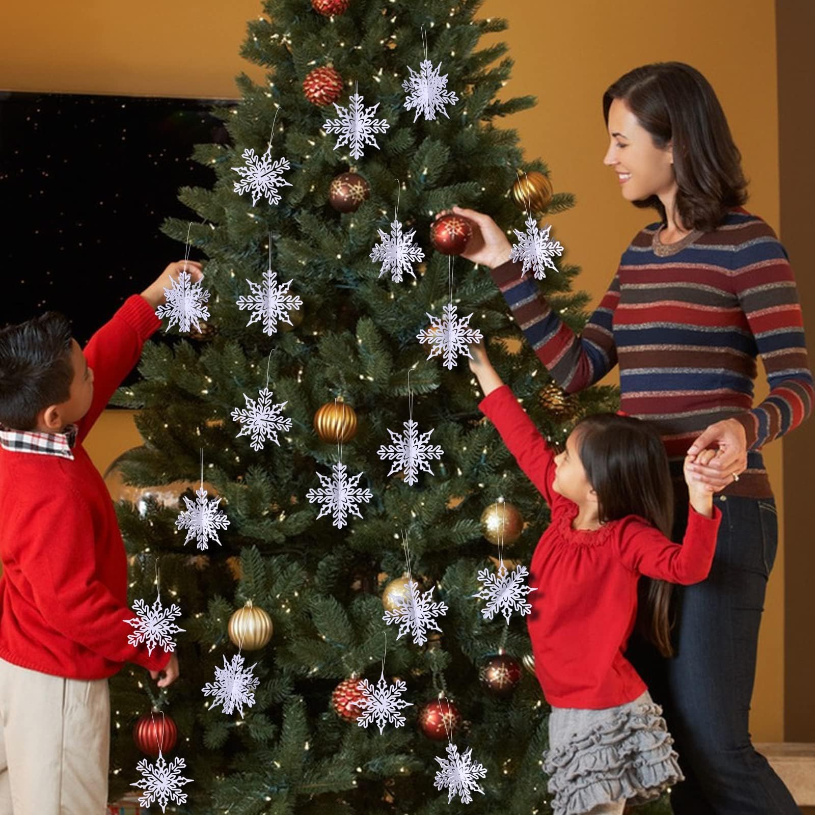 MELLIEX 24 Ornamenti Fiocchi Di Neve Plastica 3 Dimensioni Per Albero Di Natale Con Corda 8m - 5