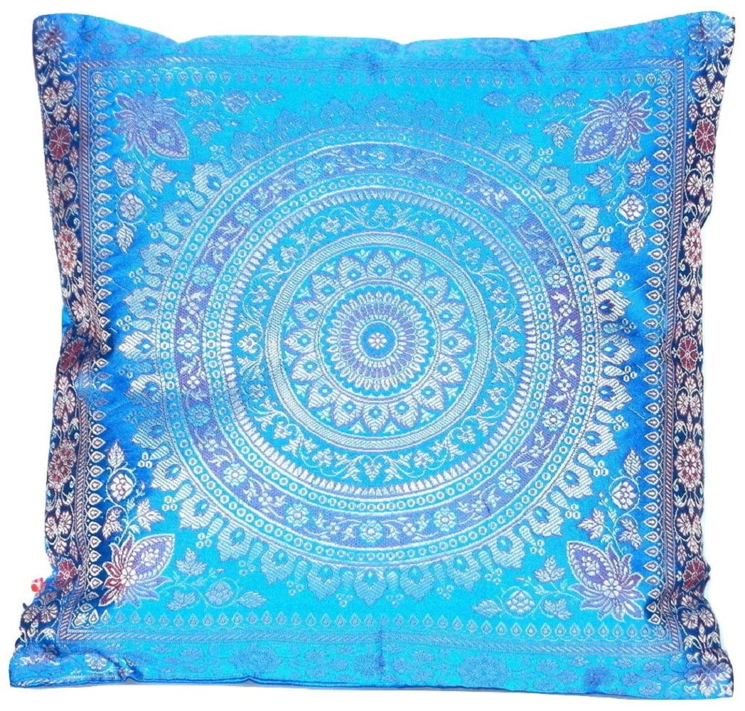 Ruwado Cojín Decorativo Hecho A Mano Verde Turquesa De Seda India Banarasi - 40 Cm X 40