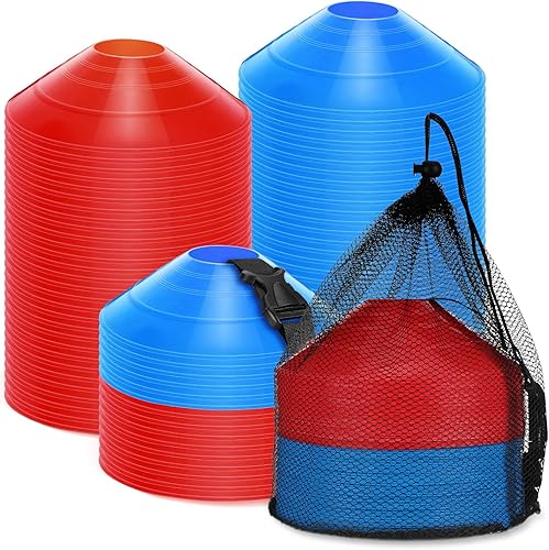 Kit de 100 conos de entrenamiento de fútbol, conos de disco Field Pro con correa, bolsa de transporte, conos de taladro deportivos para práctica de