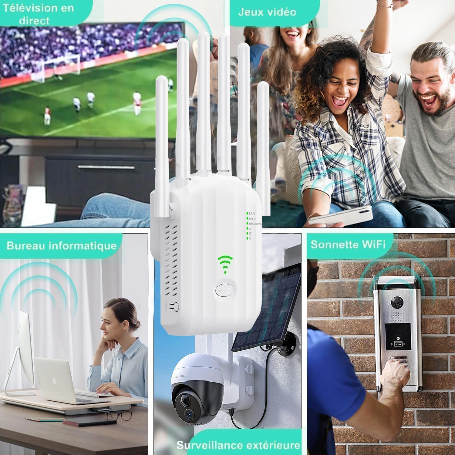 Amplificatore WiFi a 6 antenne, ripetitore fino a 1700 m² per casa antica | Elimina gli angoli morti, 2 porte LAN, configurazione rapida, compatibile con tutti i box Internet