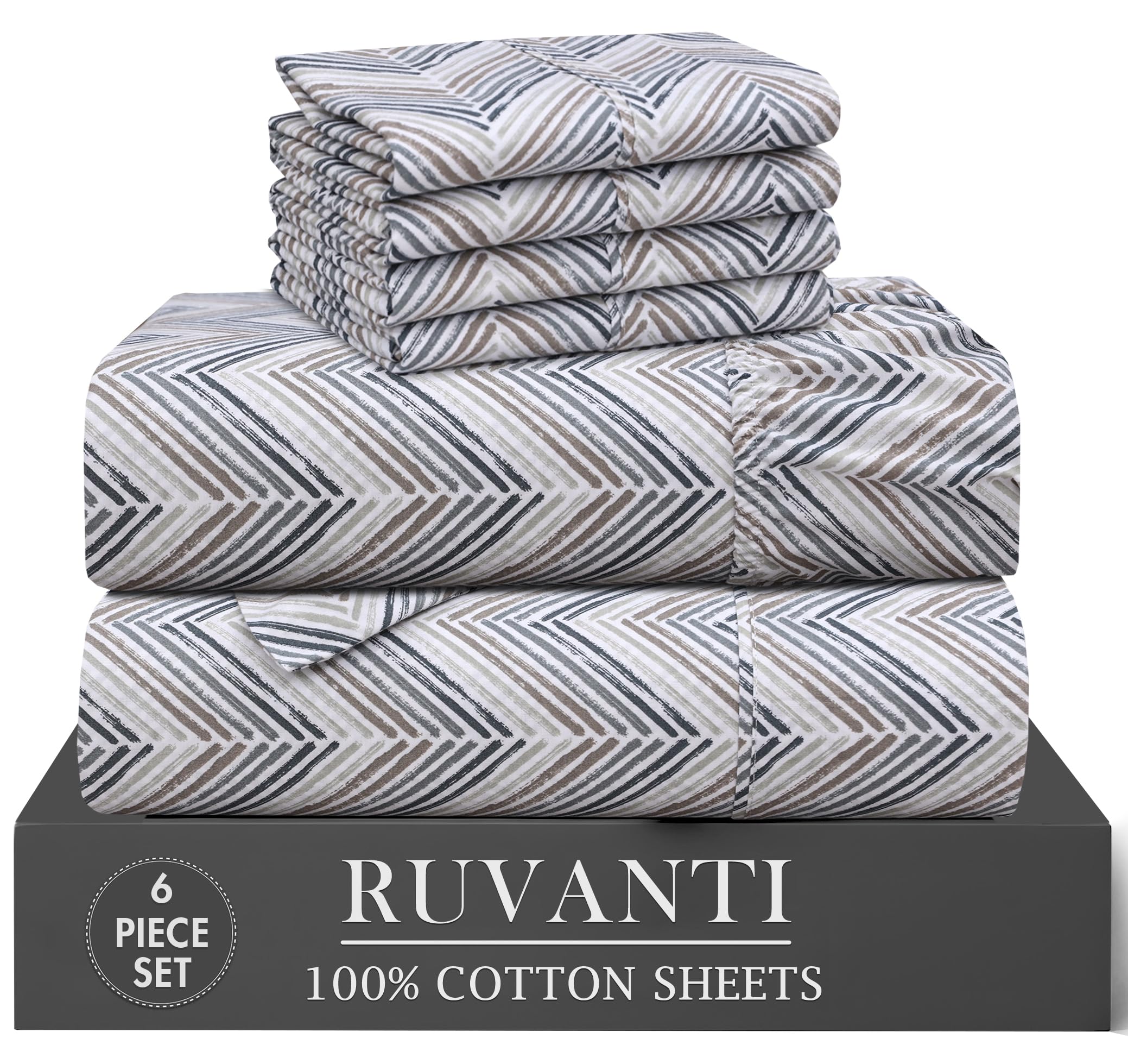 RUVANTI 6 Pcs Cotton Sheets - 100% Natural Cotton Soft, Lightweight & Breathable Crispy Percale Bed Sheets, California King Sheet Sets 14" Deep