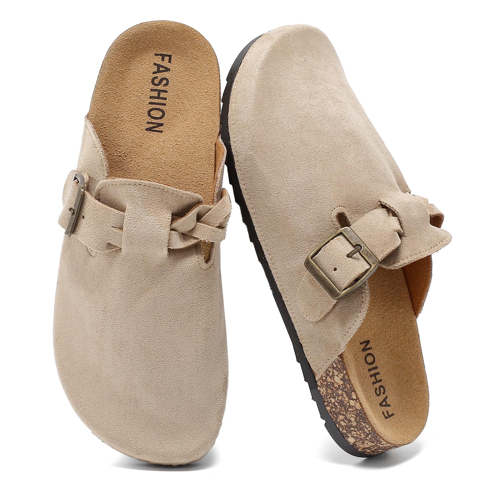 Suede Clogs for Women's,Leather Mules Mens Closed Toe,Adjustable Buckle Comfort Slippers,Soft Cork Footbed Sandals with Arch Support,Anti Slip-image-48
