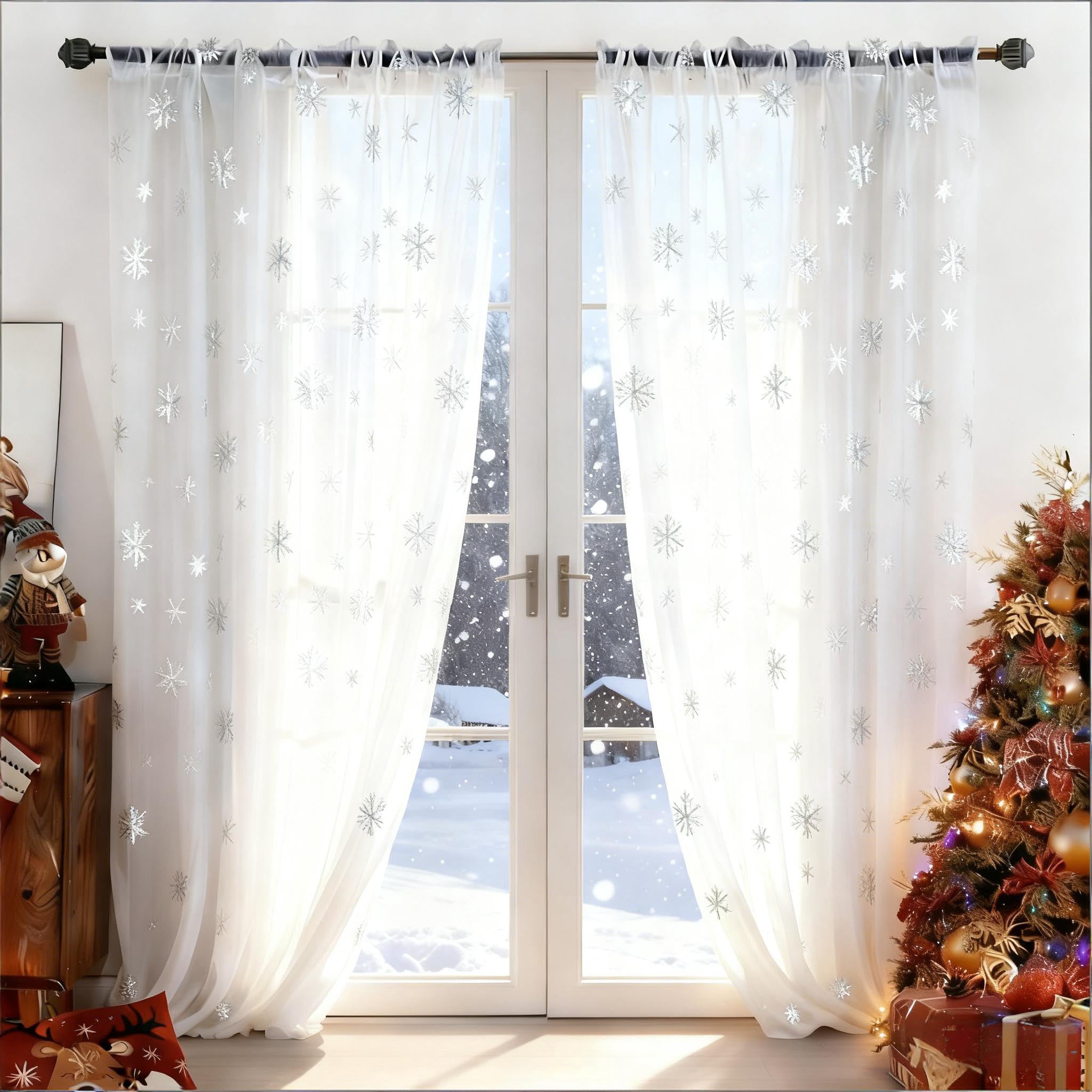 MikiUp Christmas Snowflakes Sheer Curtains, Silver Foil Printed Semi Sheer Drapes, Rod Pocket Xmas Decoration Window Treatment Panels for Bedroom