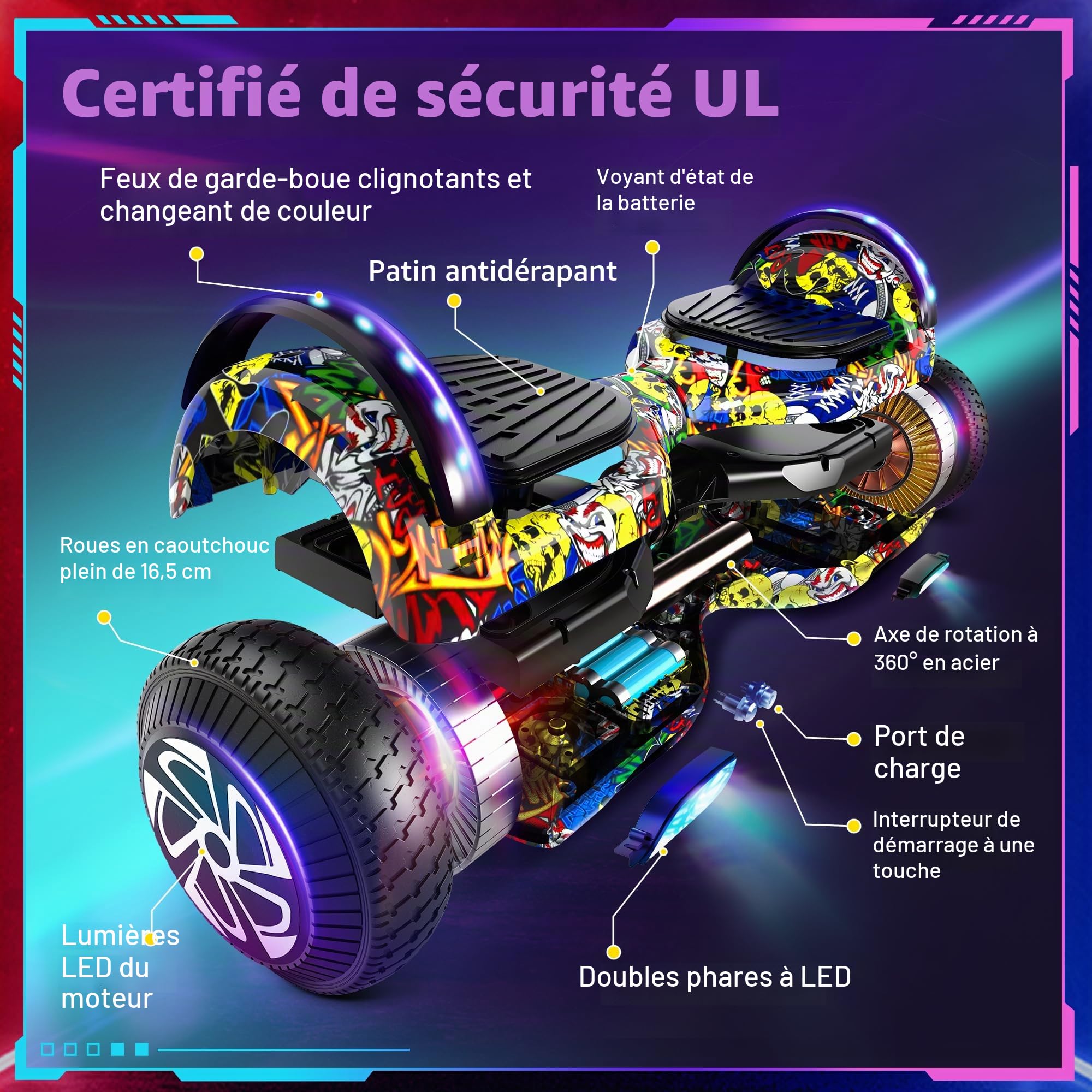 SISIGAD Hoverboard, 6.5 Pouces Self Balancing Scooter with Bluetooth LED Lights, Hover Board for Kids