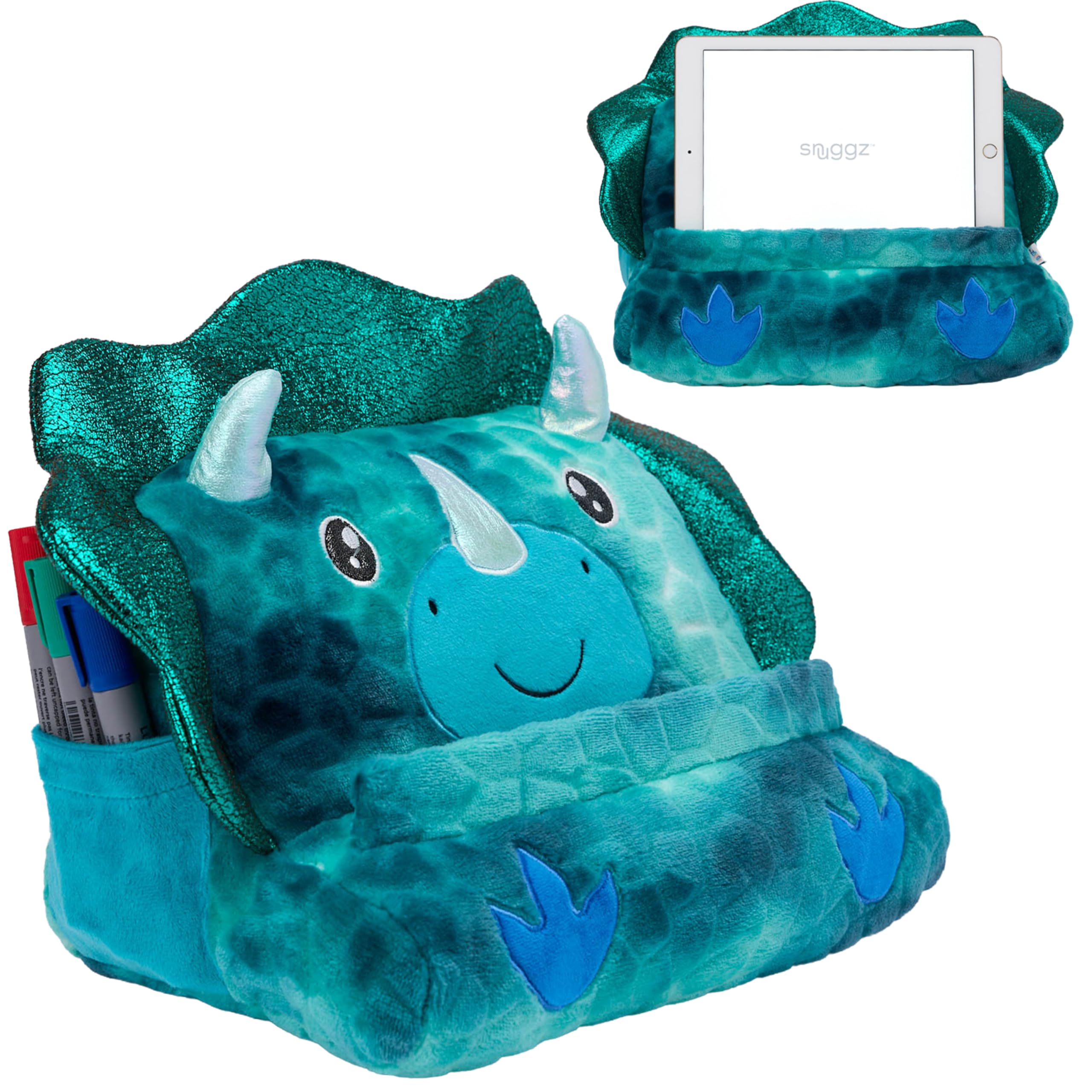 Snuggz Dinosaur Tablet Holder, Plush Kindle Stand with Soft Lap Cushion for Bed, Sofa and Travel - Cute Kids Tablet Stand with Side Pockets for Comfortable Hands-Free Viewing