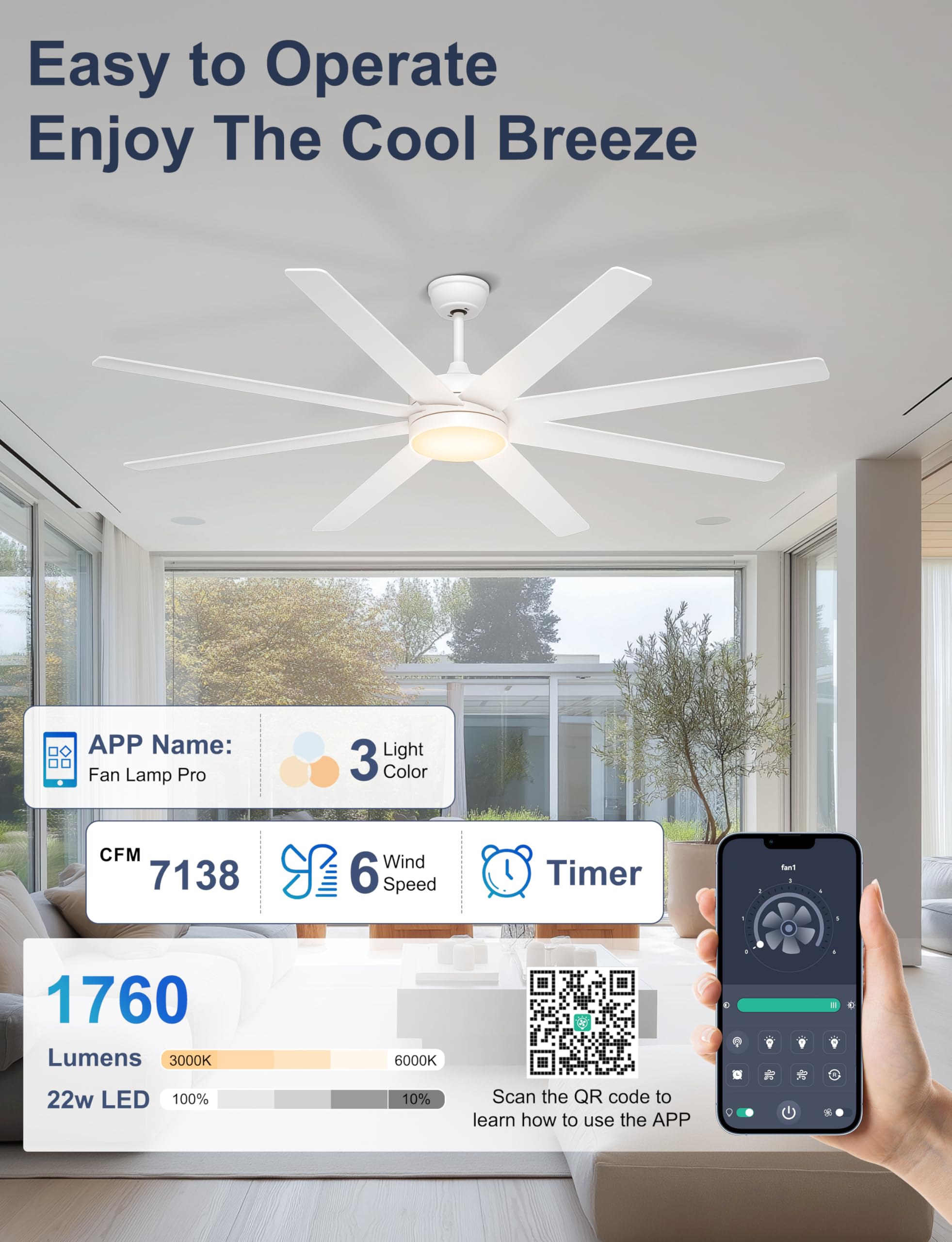 72 Inch Large Ceiling Fans with Lights 8 Blades White Ceiling Fan Remote APP Control Dimmable Reversible Big — view 4