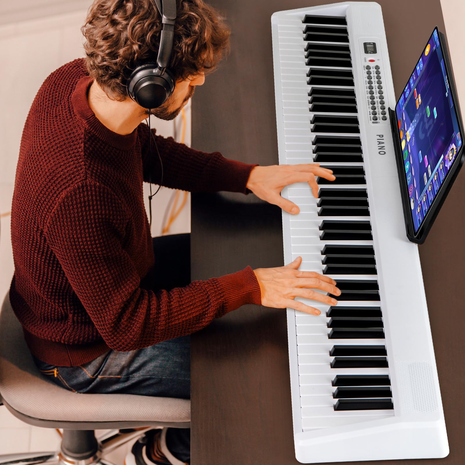 KOMFOTTEU Piano Numérique 88 Touches, MIDI sans Fil, Double Haut-parleurs, Pianos Électroniques, Clavier semi-lesté, 1000 Sonorités & Rythmes, Piano Numérique pliable avec Sac de Transporter (Noir)