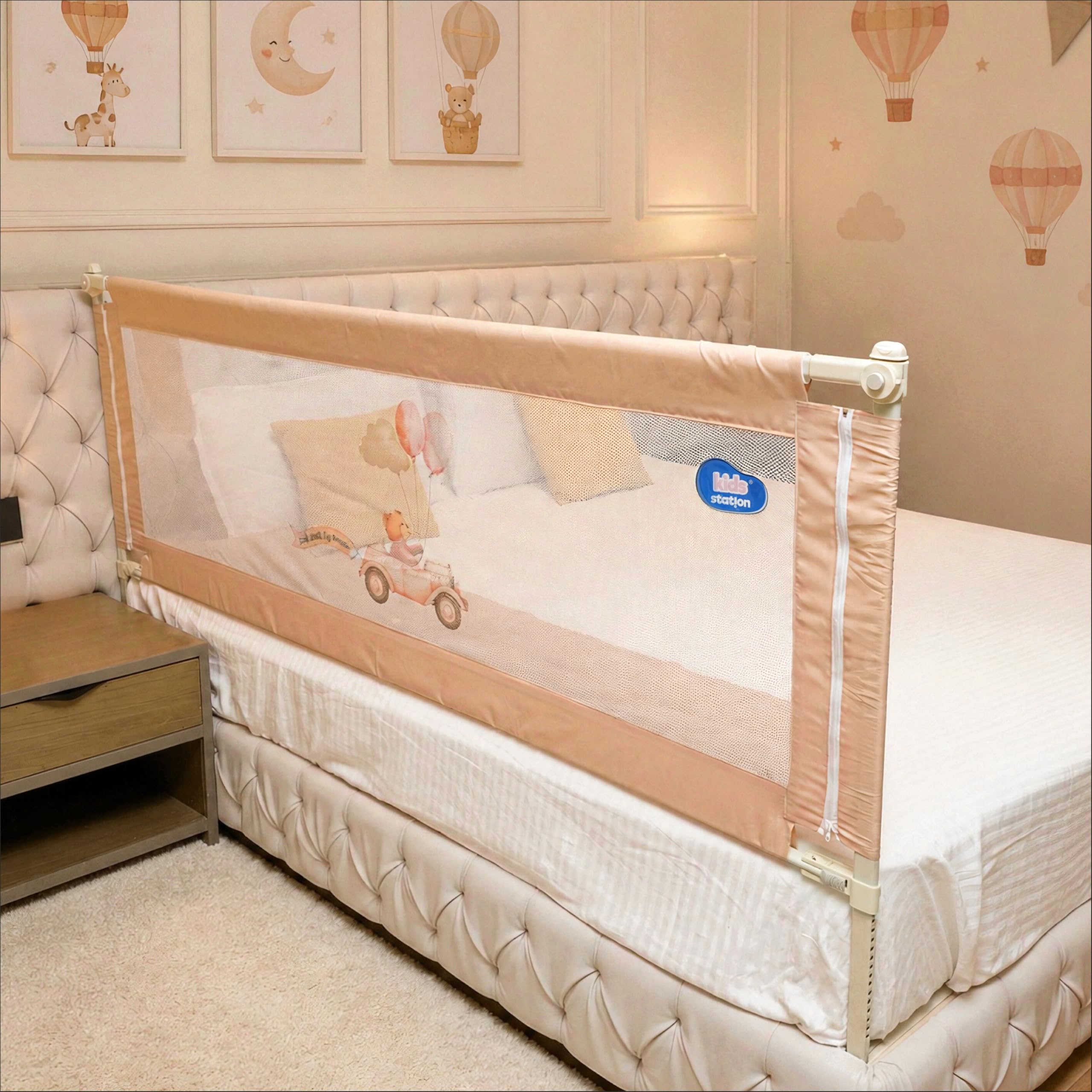 Kids Station 1 Side Premium Bed Rail Guard (6.3ft x 2.6ft / 190x80cm), Bed Railing for Baby Safety, Kids Toddler Bed Protector Side Walls, Adjustable Height, Portable & Foldable (Beige)-image-22