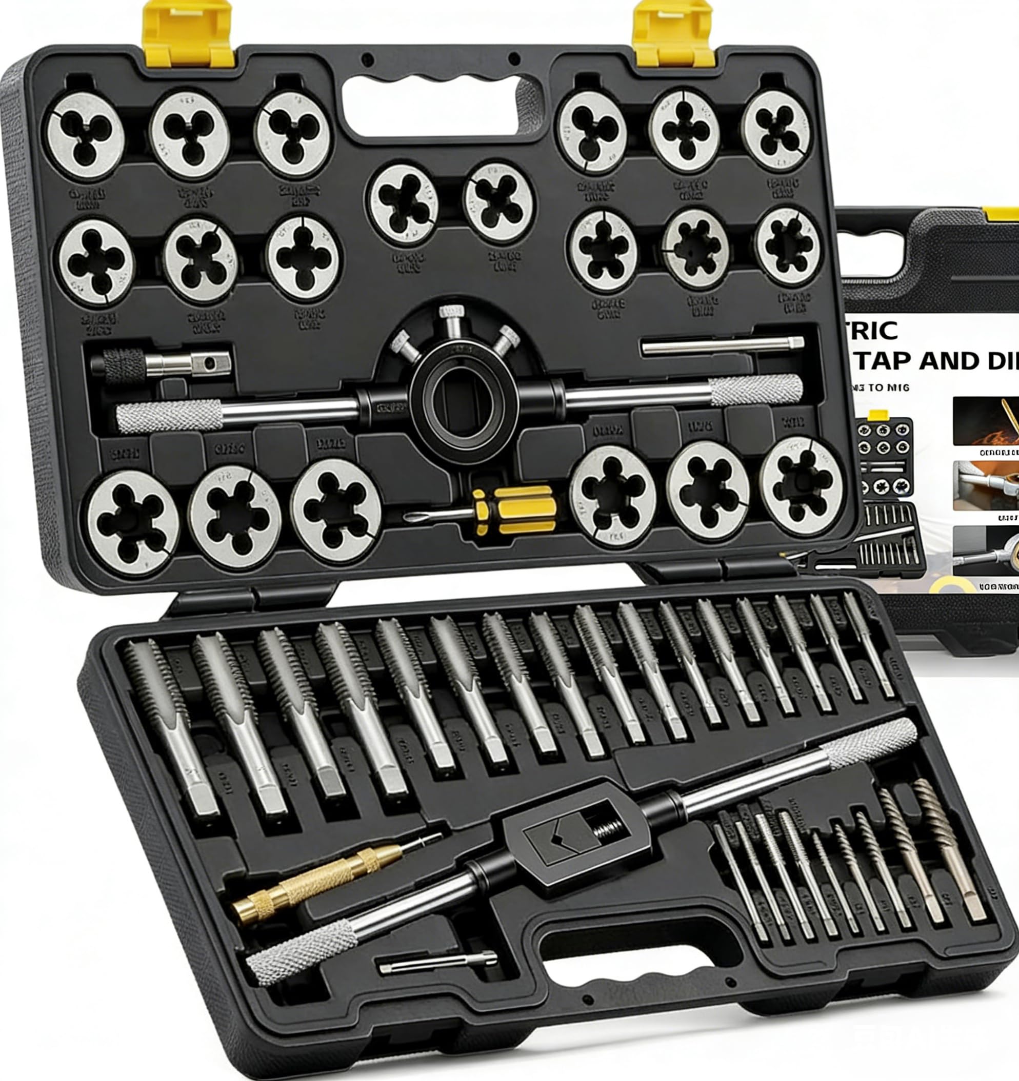 KJE Juego de 52 piezas de machos y terrajas métricas grandes, juegos de machos y terrajas jumbo, tamaños M6×0.75 a M24×3.0, kit de reparación de roscas con herramientas de roscado y machos de roscar,