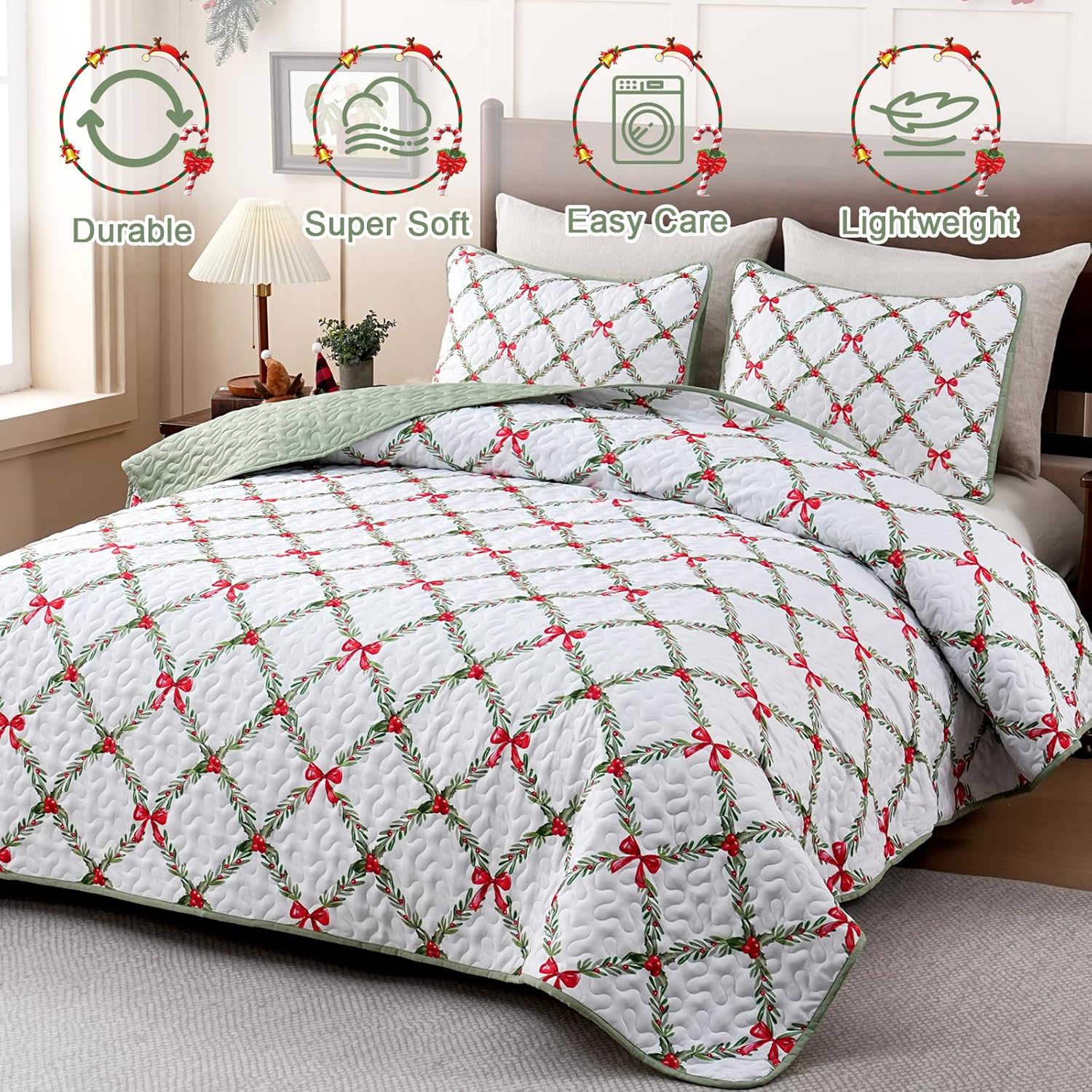 Likiyol 3 Piece Christmas Quilts Queen Size Checkered Quilt Bedding Set with 2 Pillow Shams Red Bows Berries Reversible Comforter Bedspread Coverlet for Christmas Decorations(90'' X 90'')