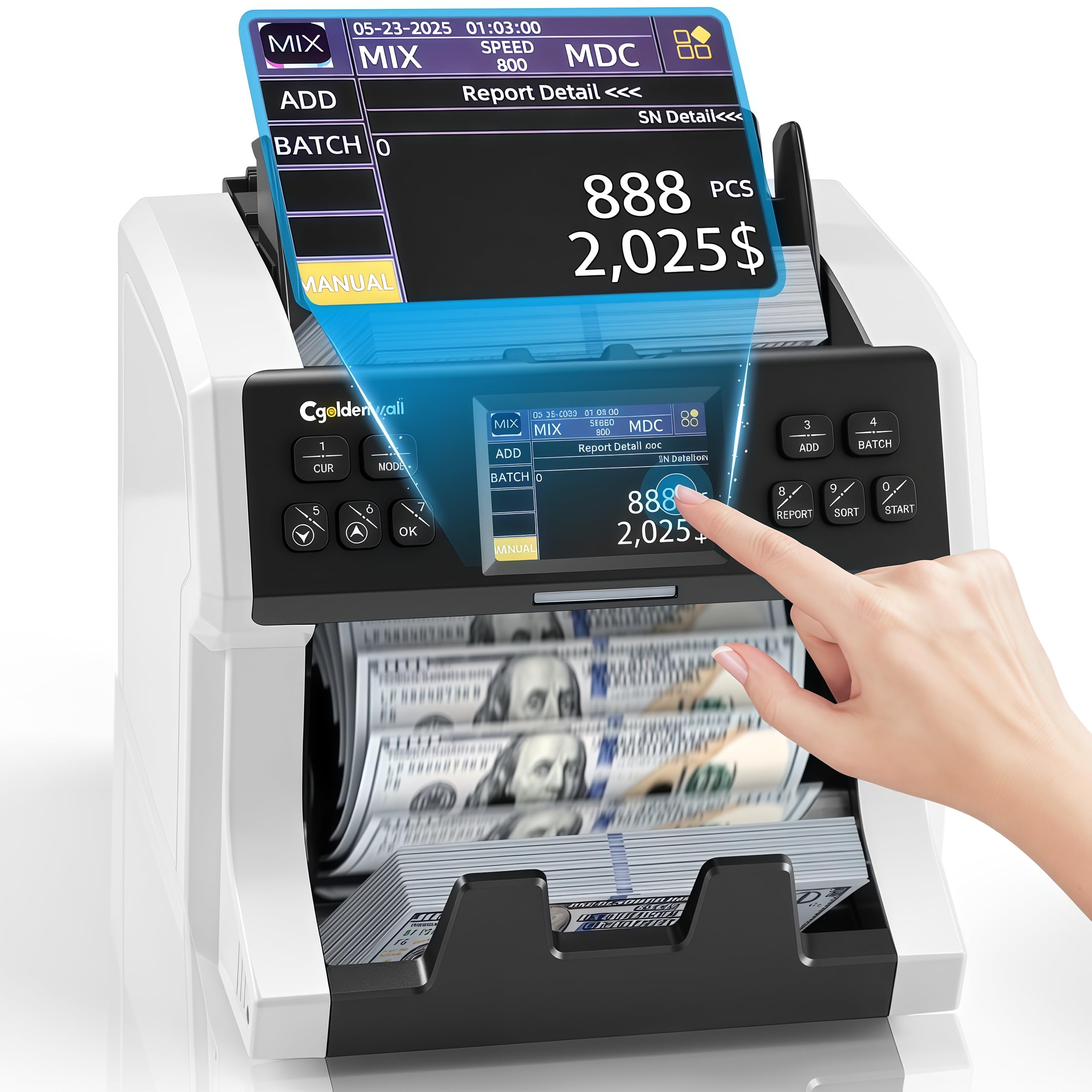CGOLDENWALL Money Counter Machine Mixed Denomination,Bank Grade Cash Counter 2CIS/UV/IR/MG Counterfeit Detection,Serial Number,MUL Currency Value Counting, Sort&amp;Printer Compatible Bill Counter,1500N/M