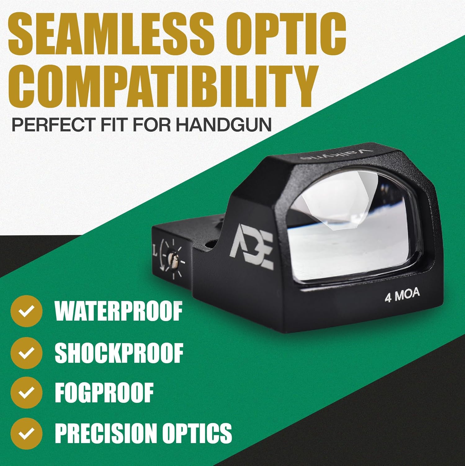 Ade Advanced Optics Valkyrie 4 MOA Green Dot Sight – Compact Red Dot Optic for Optics-Ready Pistols – RMR Footprint – Reflex Sight with Shake Awake Technology - S/N: RD3-023