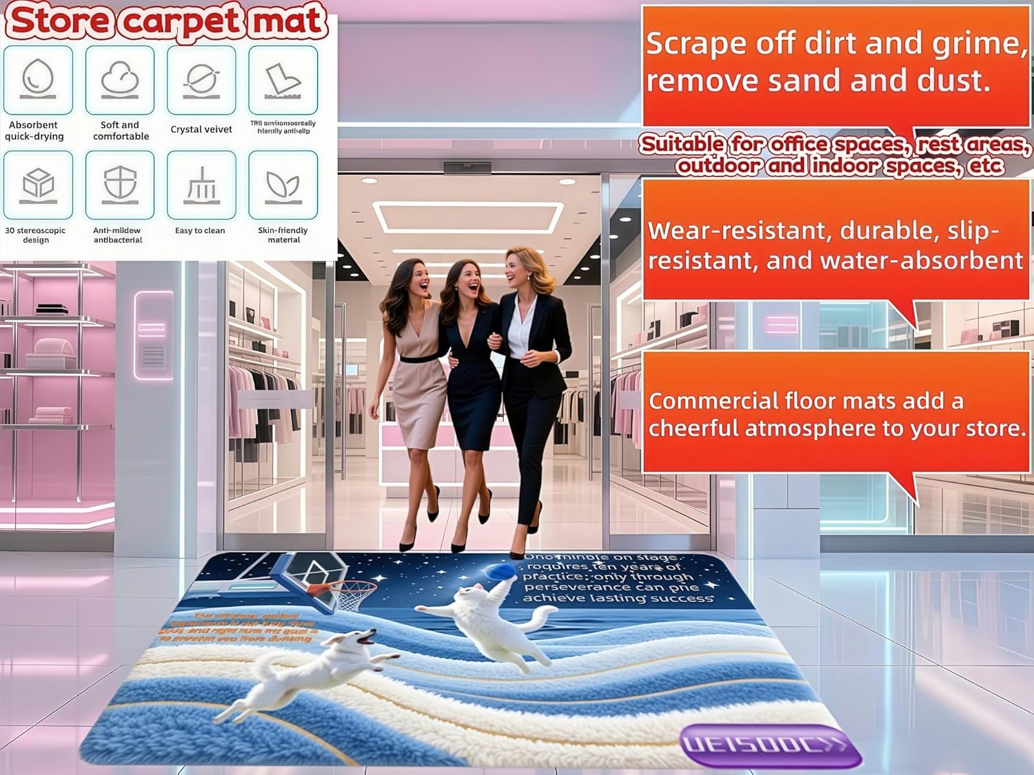 Outdoor doormat，bathroom non-slip mat, anti-slip, water-absorbent, decontamination and wear-resistant, 2Piece 20*32，32*48 inch, TPR eco-friendly and odorless, exquisite pet-themed design to hide dirt