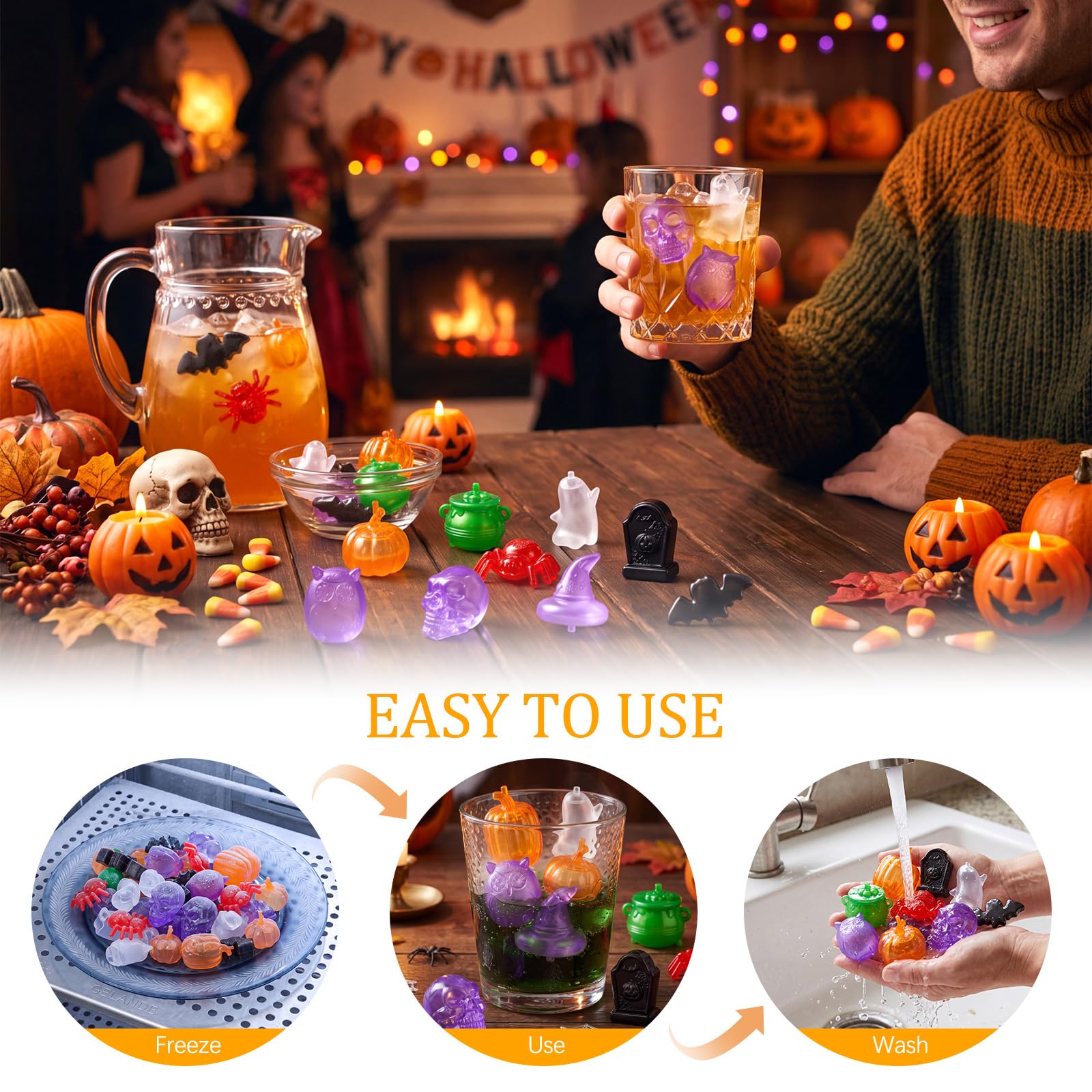 Meanplan Wiederverwendbare Halloween-Eiswürfel für Getränke, wiedergefrierbar, Kunststoff, wiederverwendbar, Kürbis, Spinne, Zauberer, Hut, Geister, Form, Würfel für Dekoration, nicht schmelzen, für