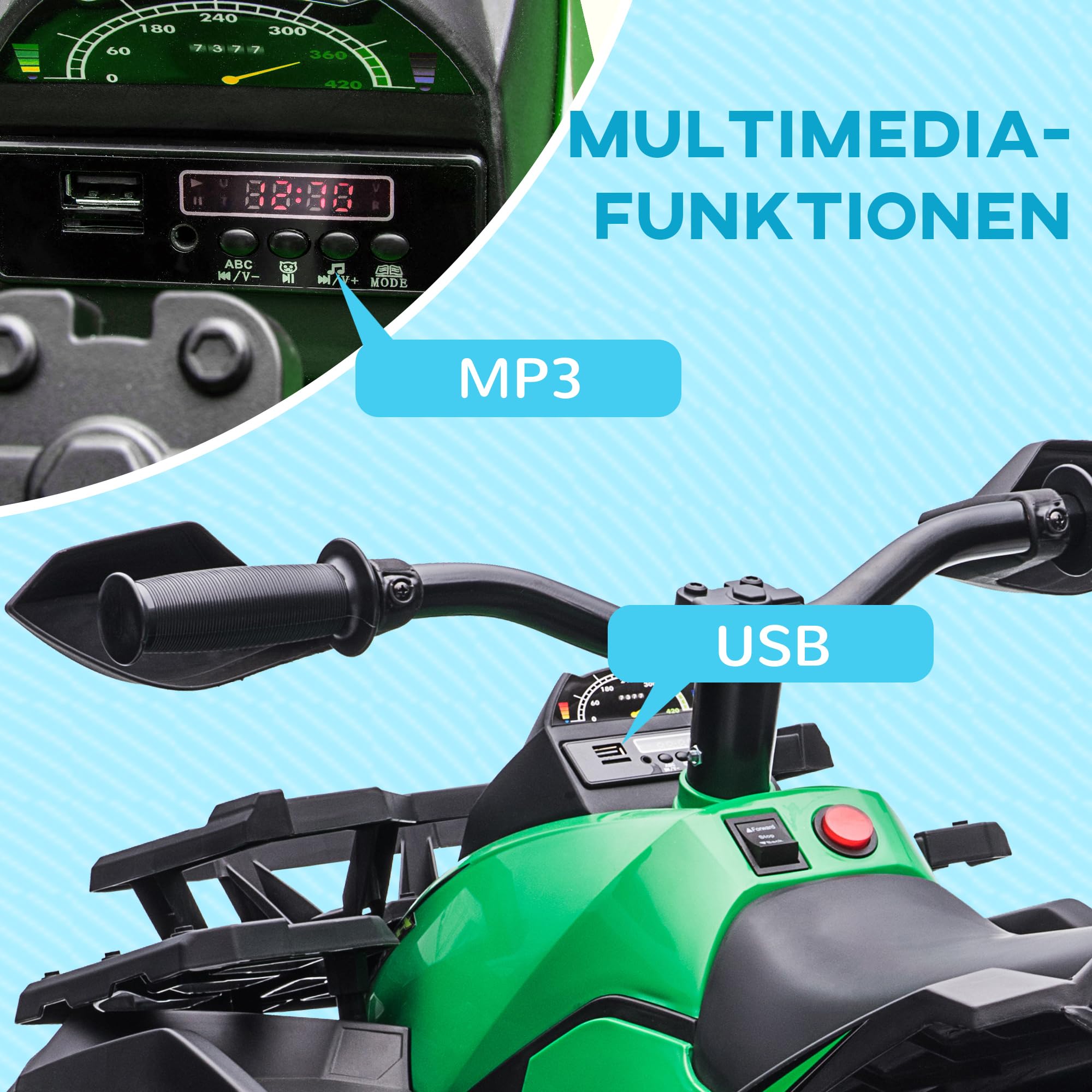 HOMCOM Elektro Quad für Kinder 12V 10Ah mit 2 Motor für 3-5 Jahre Grün | Kinder Quad, Vorwärts-, Rückwärtsfunktion, USB-Anschluss, MP3-Musikplayer, Kinderfahrzeug mit Scheinwerfer, 3-8 km/h