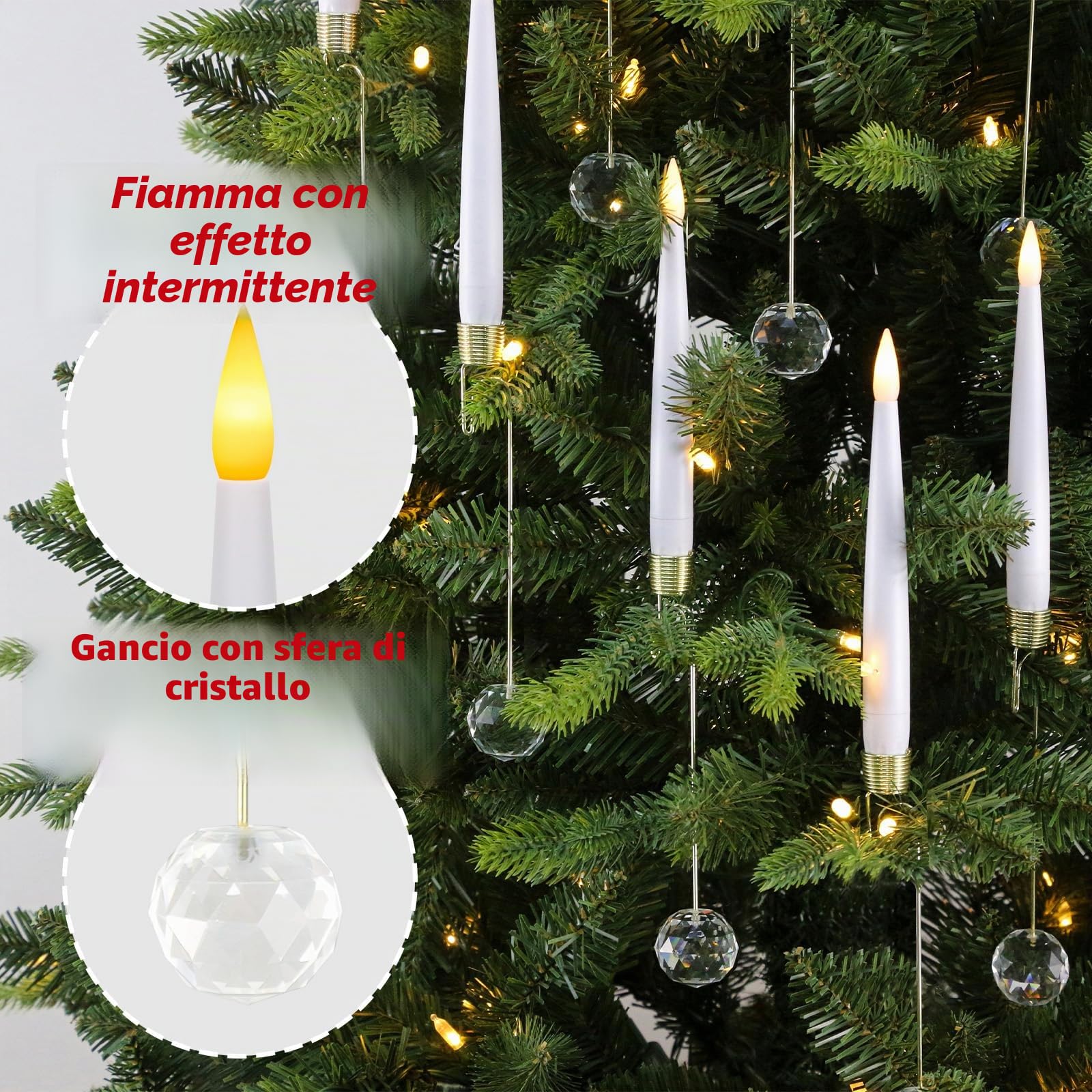 Candele LED Decorative per Albero di Natale: Palle di Cristallo, Telecomando Regolabile, 12 Pile AAA Incluse, Sicure Senza Fiamma