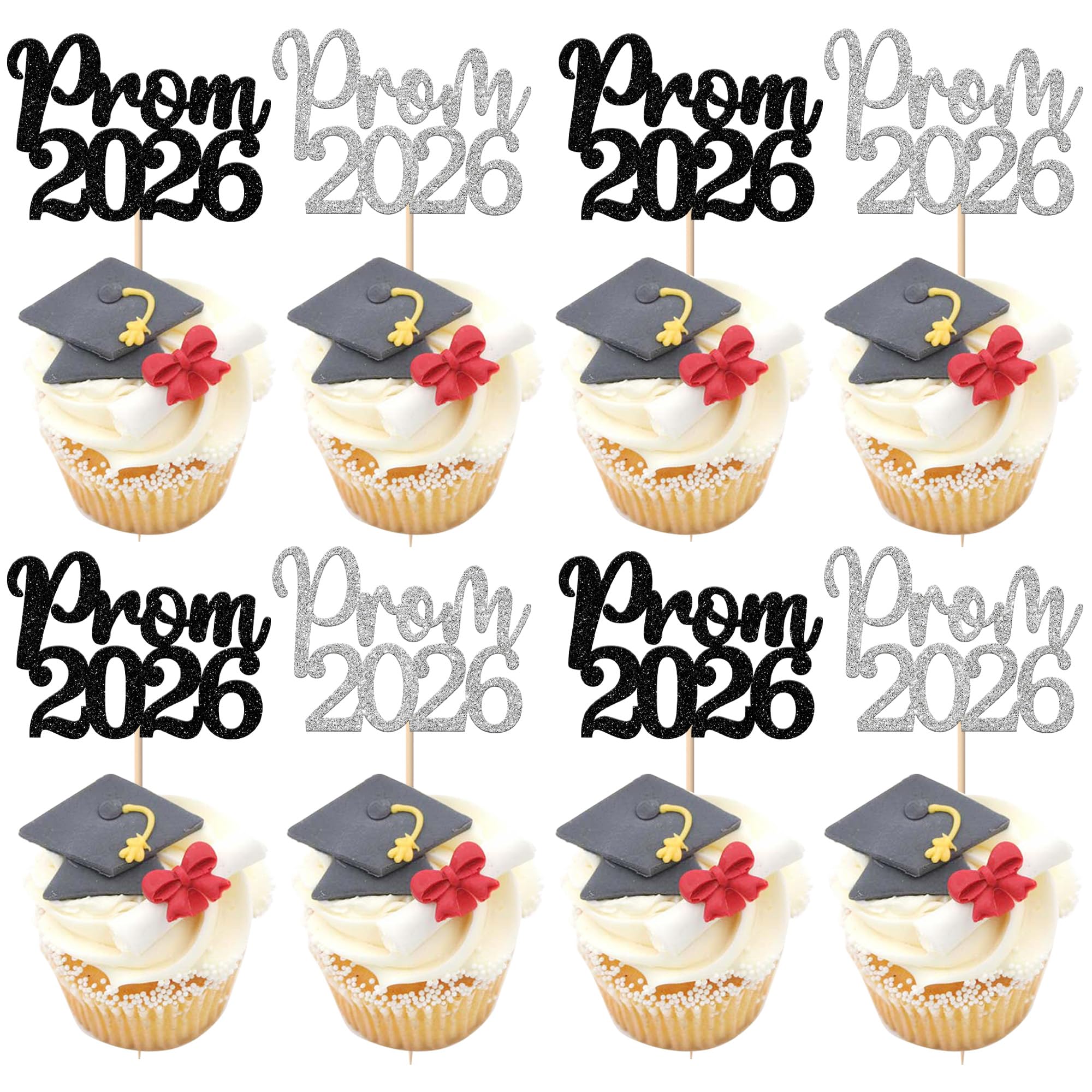 24 Pack Prom 2026 Graduation Cupcake Toppers Glitter 2026 Prom College Cupcake Picks for Congrats 2026 Graduation Class of 2026 Theme School Party