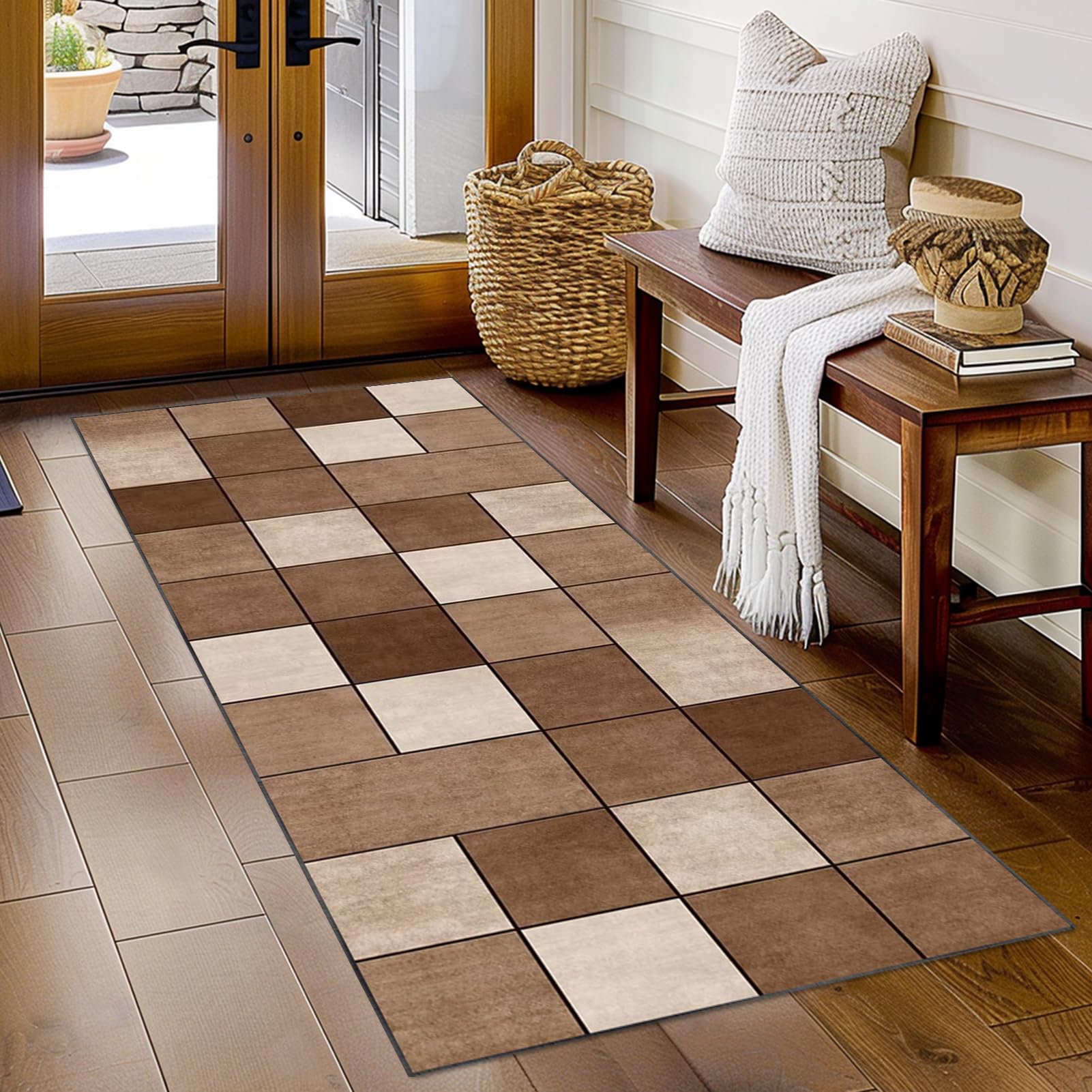 Teppich Läufer Flur Lang 90 x 200 cm, Teppich Wohnzimmer, Modern Waschbarer Teppich, Küche rutschfest Teppich, Teppich Läufer Flur für Küche, Terrasse & Wohnraum