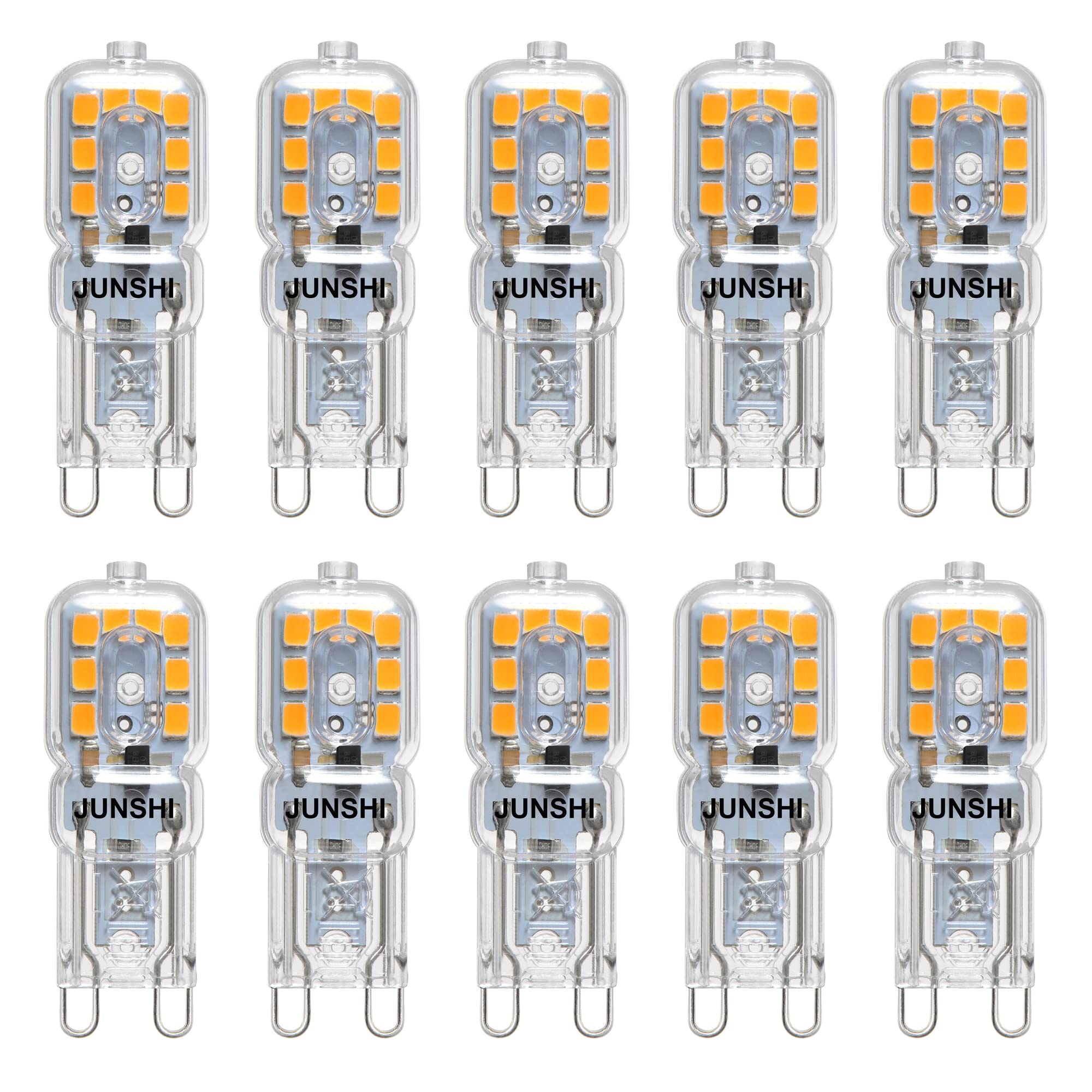 JUNSHI G9 LED Bulb 2.5W,25W G9 Halogen Bulbs Equivalent,3000K Warm White,AC110-130V T4 Chandelier Light Bulbs G9 Bi Pin Base, AC 120V,220LM,Non-Dimmable,Pack of 10