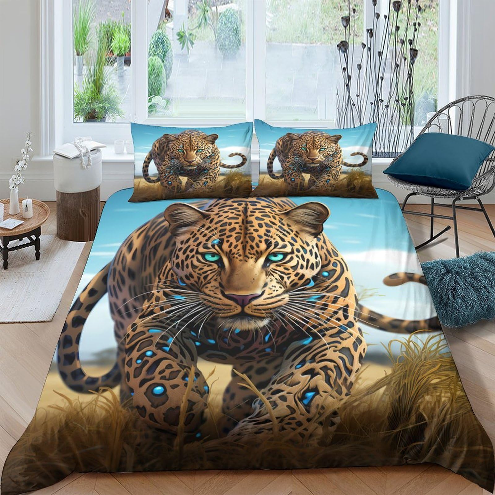 GPLZQXKJNH 3D Printed Wild Leopard Duvet Cover Microfiber Soft Breathable Jungle Cat Bedding Set with 2 Pillowcases for Bedroom Decor Single（135x200cm）