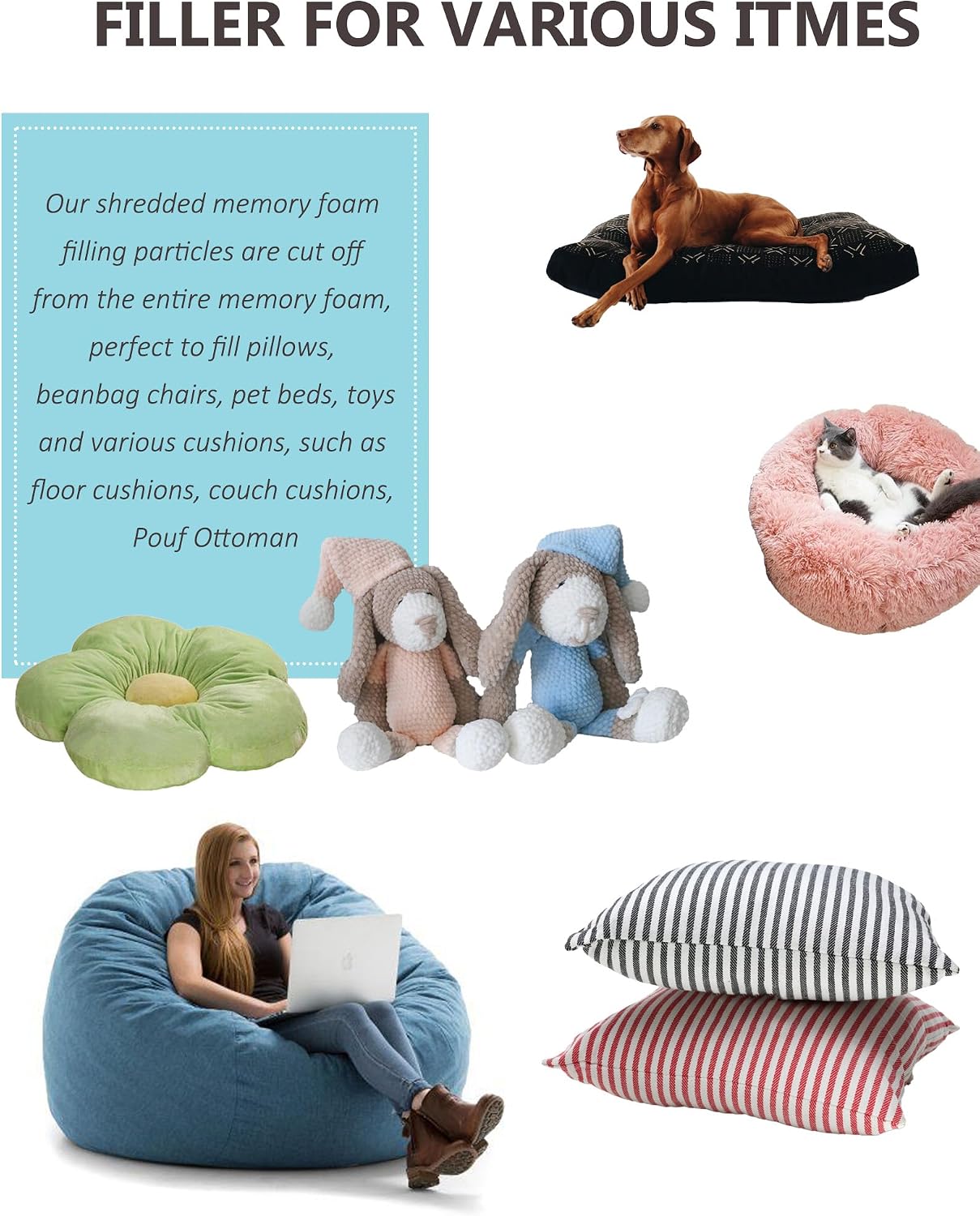BCU Bean Bag Chair Cover Filler High Elasticity Shredded Memory Foam Pillow Stuffing Couch Cushion Filling, 5 LBS
