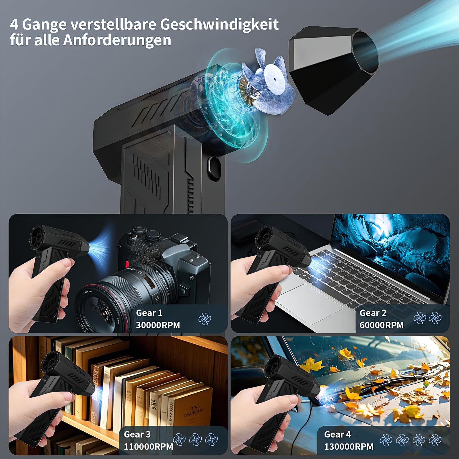Elektrischer Staubbläser, 4-Gang-Elektroluftstaubblüter mit 110.000 U/min, wiederaufladbarer Luftbläser, kabelloser Luftstaubblüter, Mini-Gebläse für PC, Laptop, Elektronik, Tastatur, Sofa, Auto