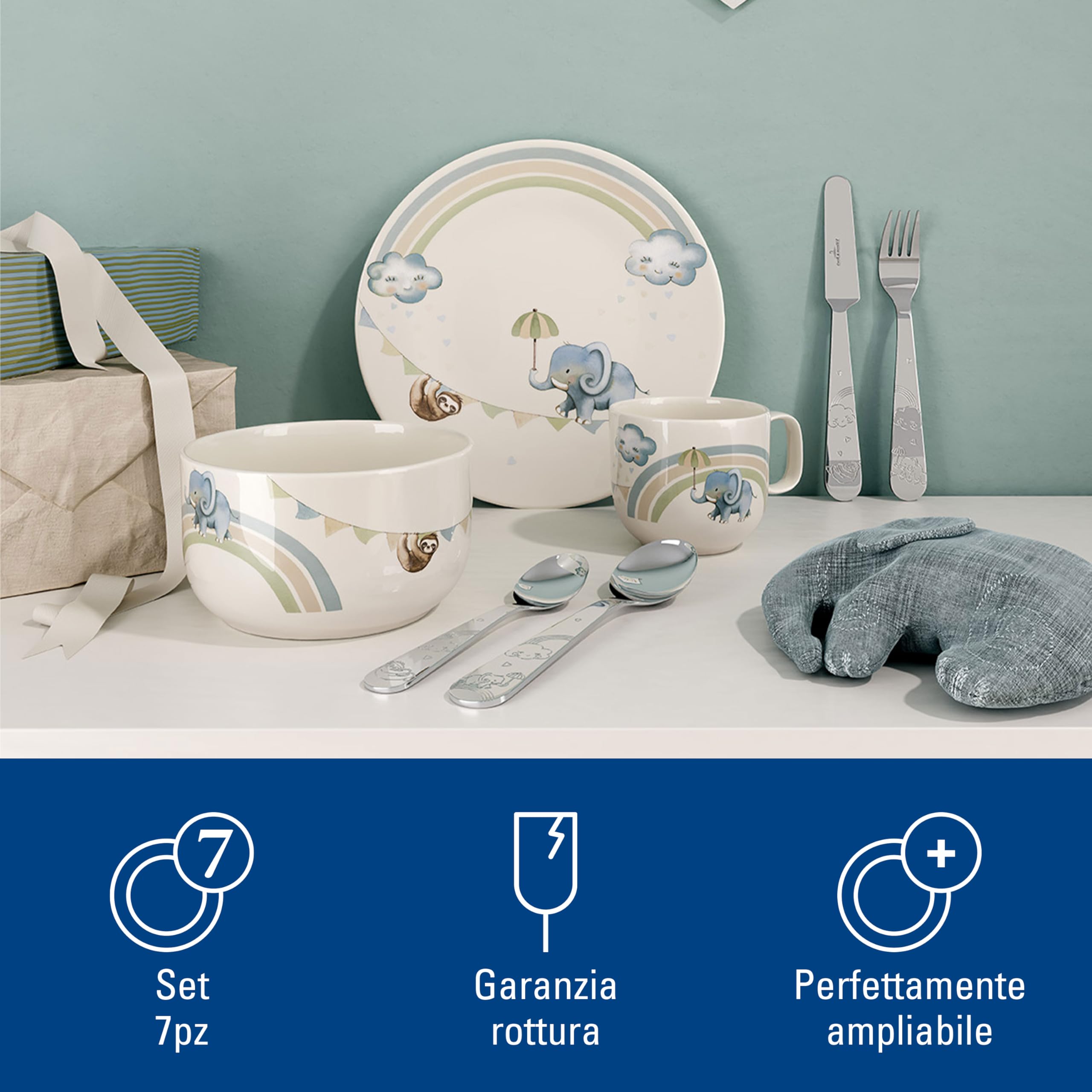 Villeroy & Boch - Walk like an Elephant Set di Stoviglie per Bambini 7 Pezzi Blu, Lavabile in Lavastoviglie, Adatto per Microonde, Stoviglie, Piatti, Tazzine, Ciotola, Servizio, Porcellana Premium