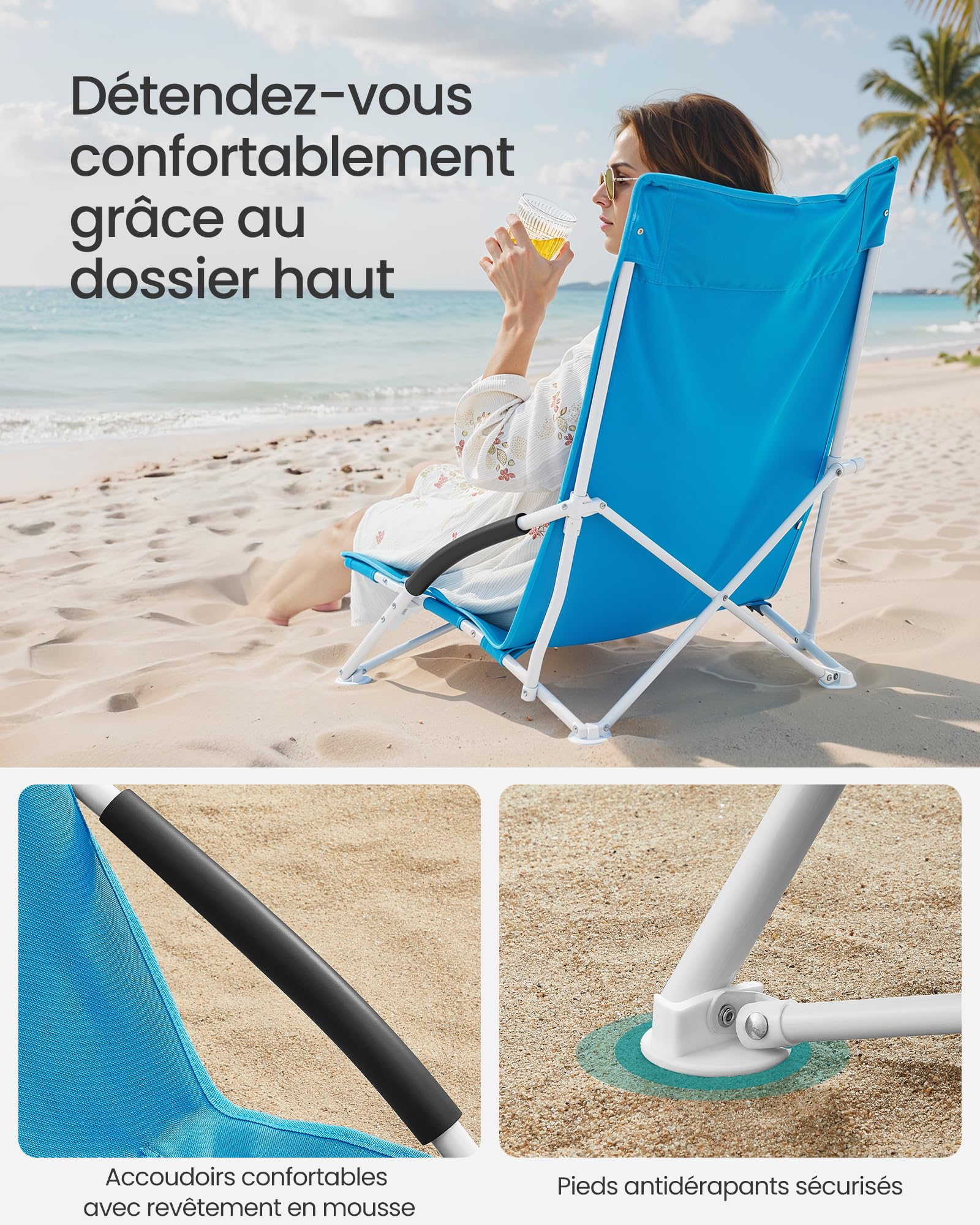 SONGMICS Chaise de Plage Pliante Portable Dossier Haut Grande Capacité de Charge Bleu Clair GCB61BU