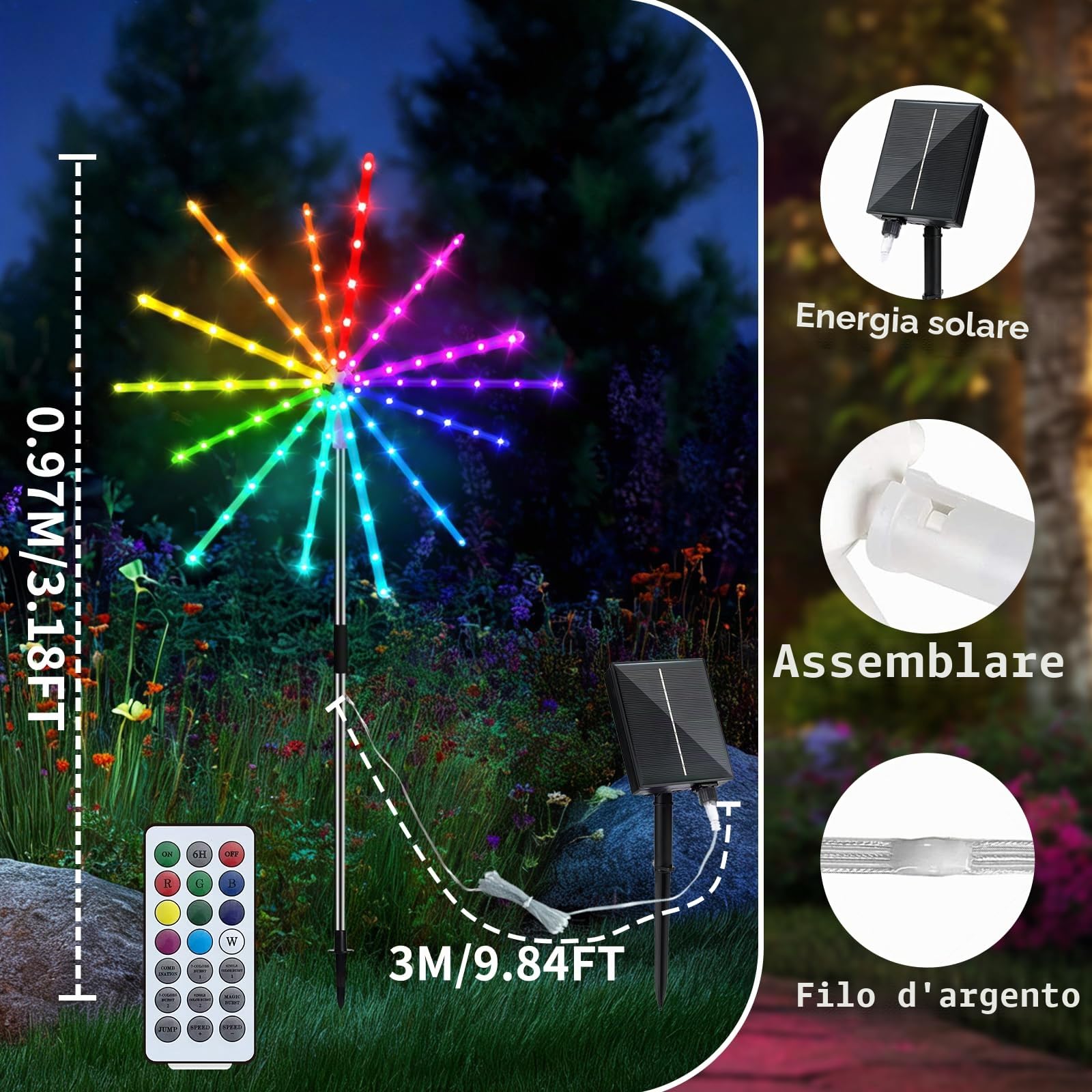 2500mAh Luci Solari da Giardino per Esterni, 9 Colori 16 Modi Fuochi d'artificio da Giardino Esterno, 2 Pz Wasserdichte Luci Solari da Giardino für den garten,Feste, Matrimoni e feste Deco
