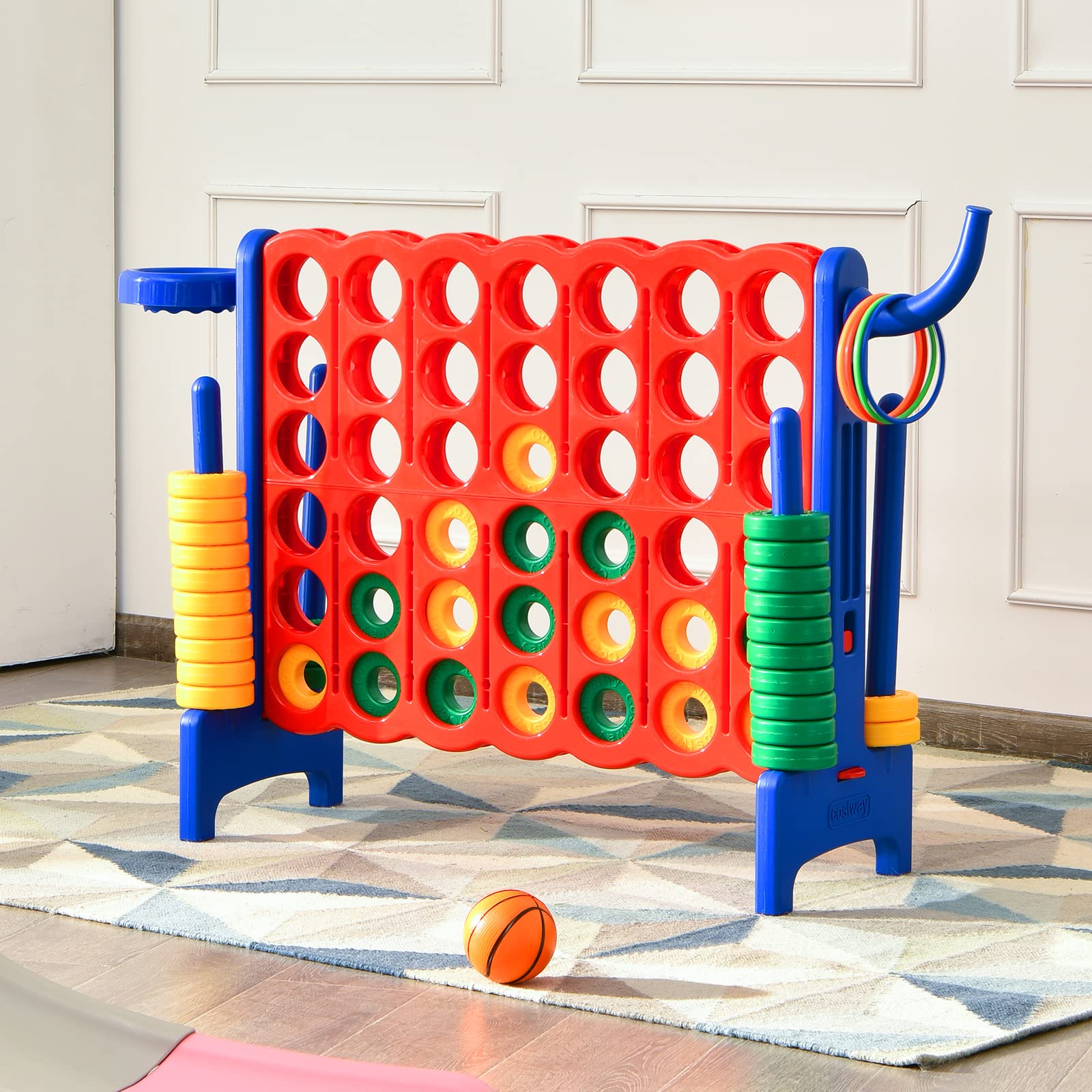 COSTWAY Riesiges 4 Gewinnt Spielset mit Basketballkorb und Wurfspiel, inkl. 42 Jumbo Ringen und Schieberegler zum schnellen Neustart, Vier in Einer Reihe Spiel groß (Rot + Blau)