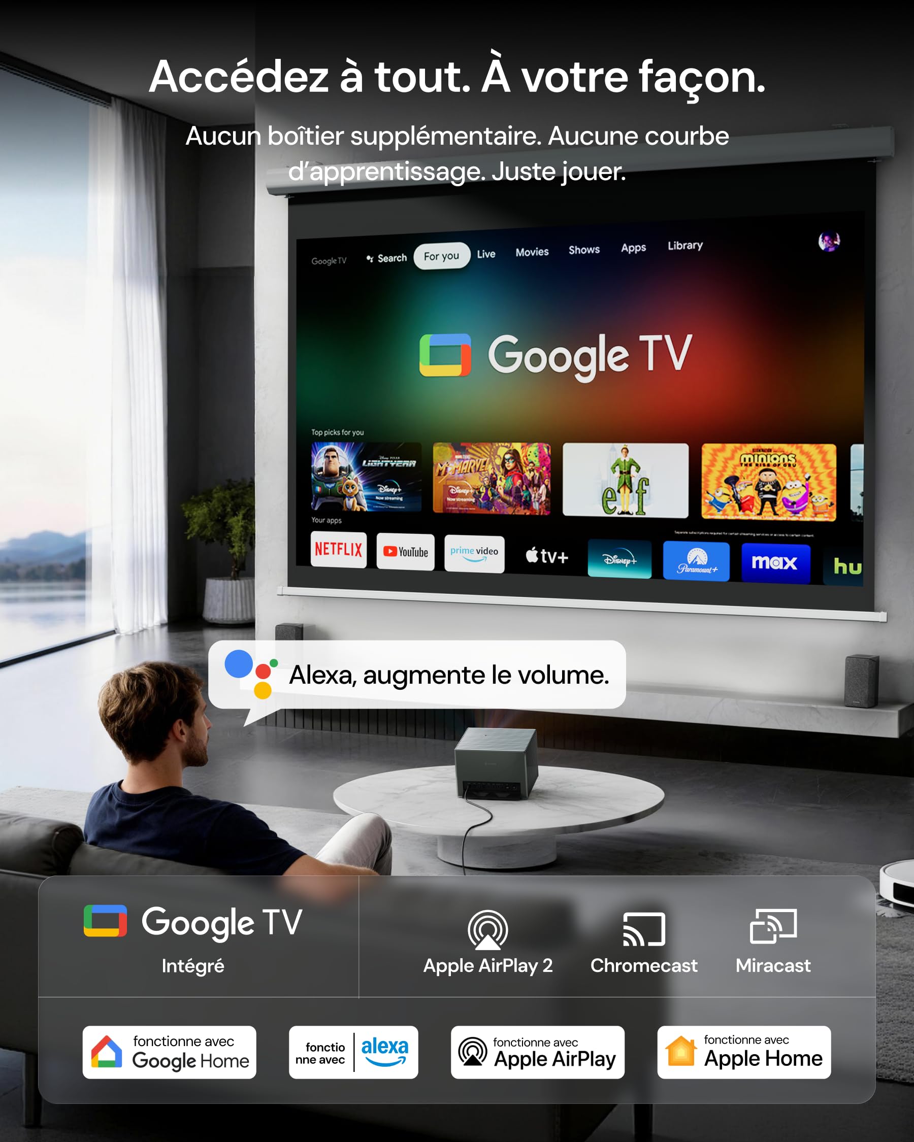 Vidéo projecteur 4K Valerion VisionMaster Pro2, 3000 ISO Lumens, Contraste 15000:1, Zoom Optique 0,9-1,5X, Ultra Faible Latence 4ms, IMAX, Compatible Google Home & HomeKit, Gaming, Home Cinéma