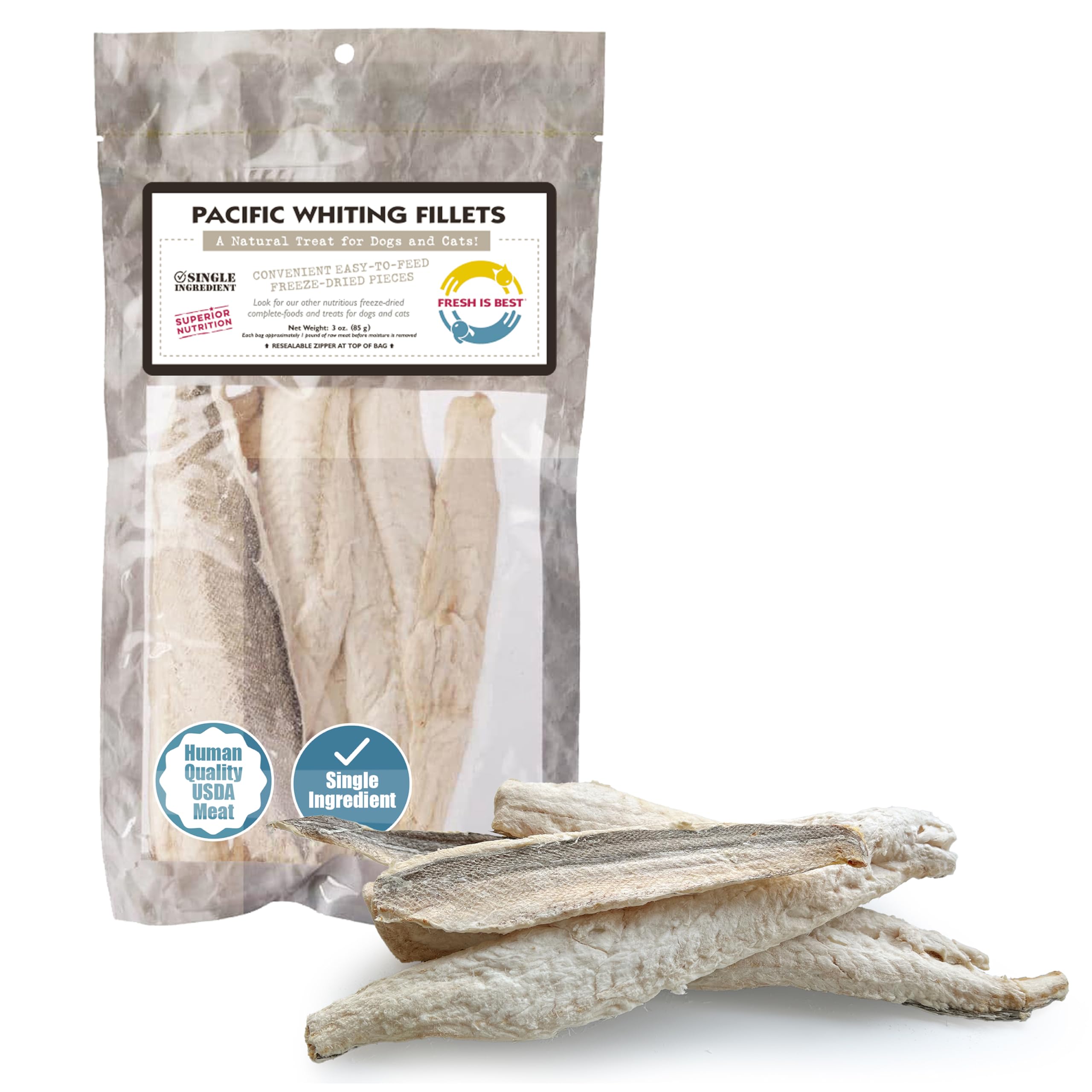 Fresh Is Best Freeze Dried Dog Treats – Raw Freeze Dried Fish for Cats & Canines in Resealable Zipper Bag – High-Protein One Ingredient Dog Treats – Pacific Whiting Fillets – Made in The USA