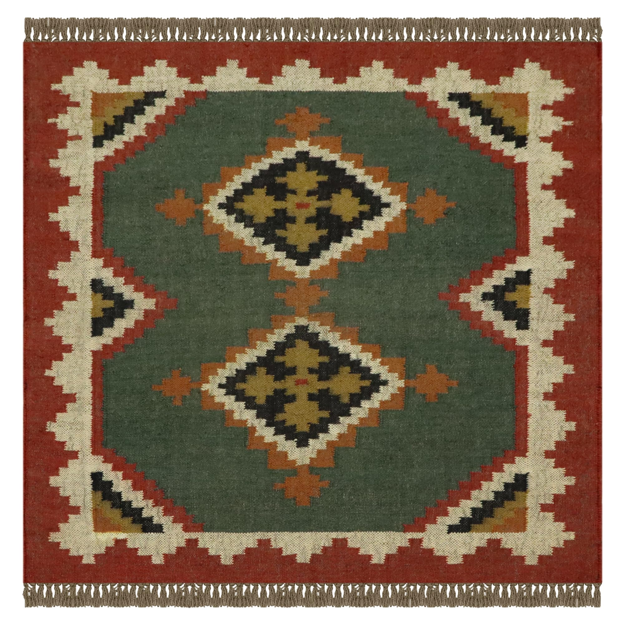 Tapis Kilim carré en laine et jute tissé main réversible vert et rouge