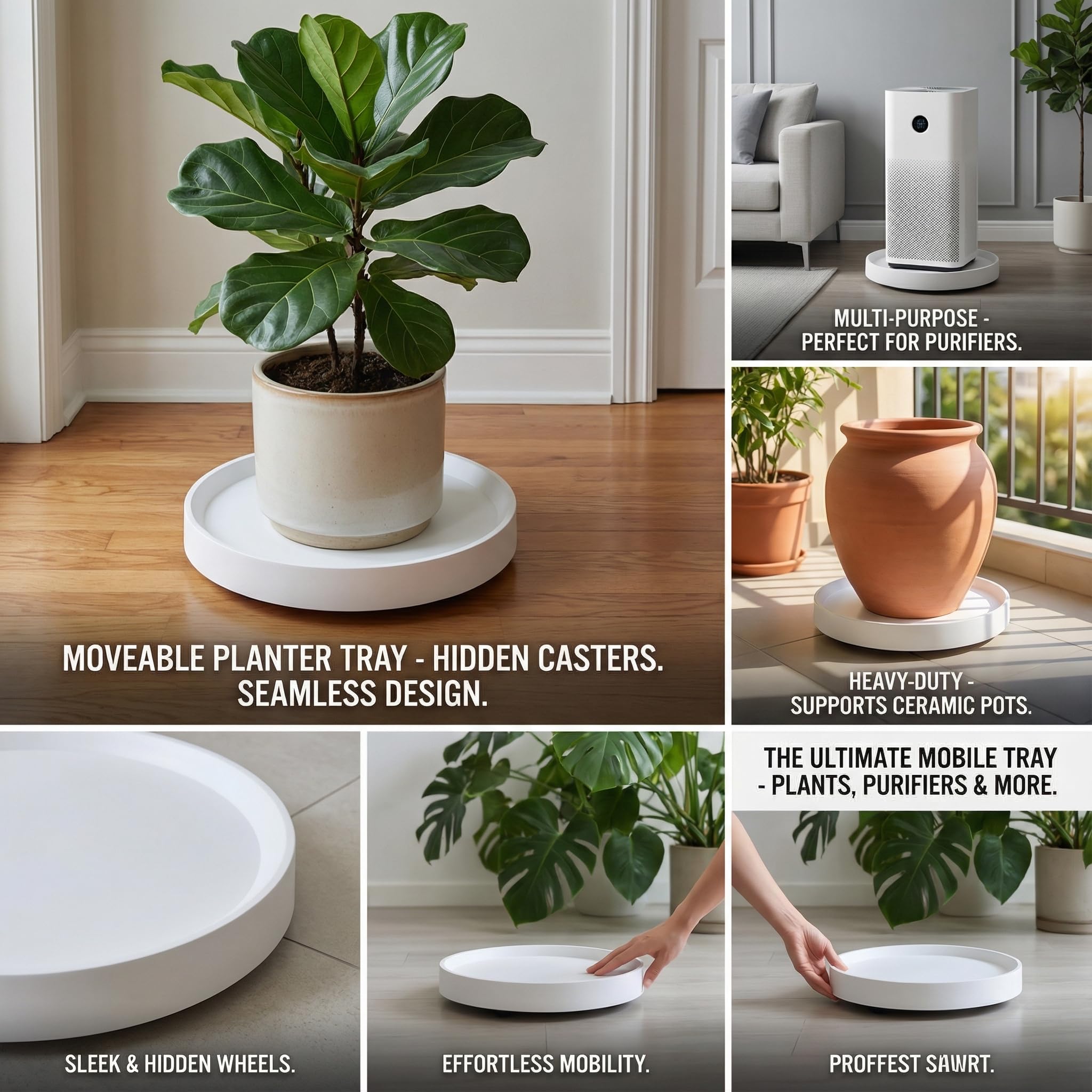 Lot de 2 Plateaux Roulants avec Roues Cachées -Diamètre intérieur 27,5 cm, Cache-pot et Support Mobile pour Plantes, Appareils, Décoration - Intérieur/Extérieur - Blanc