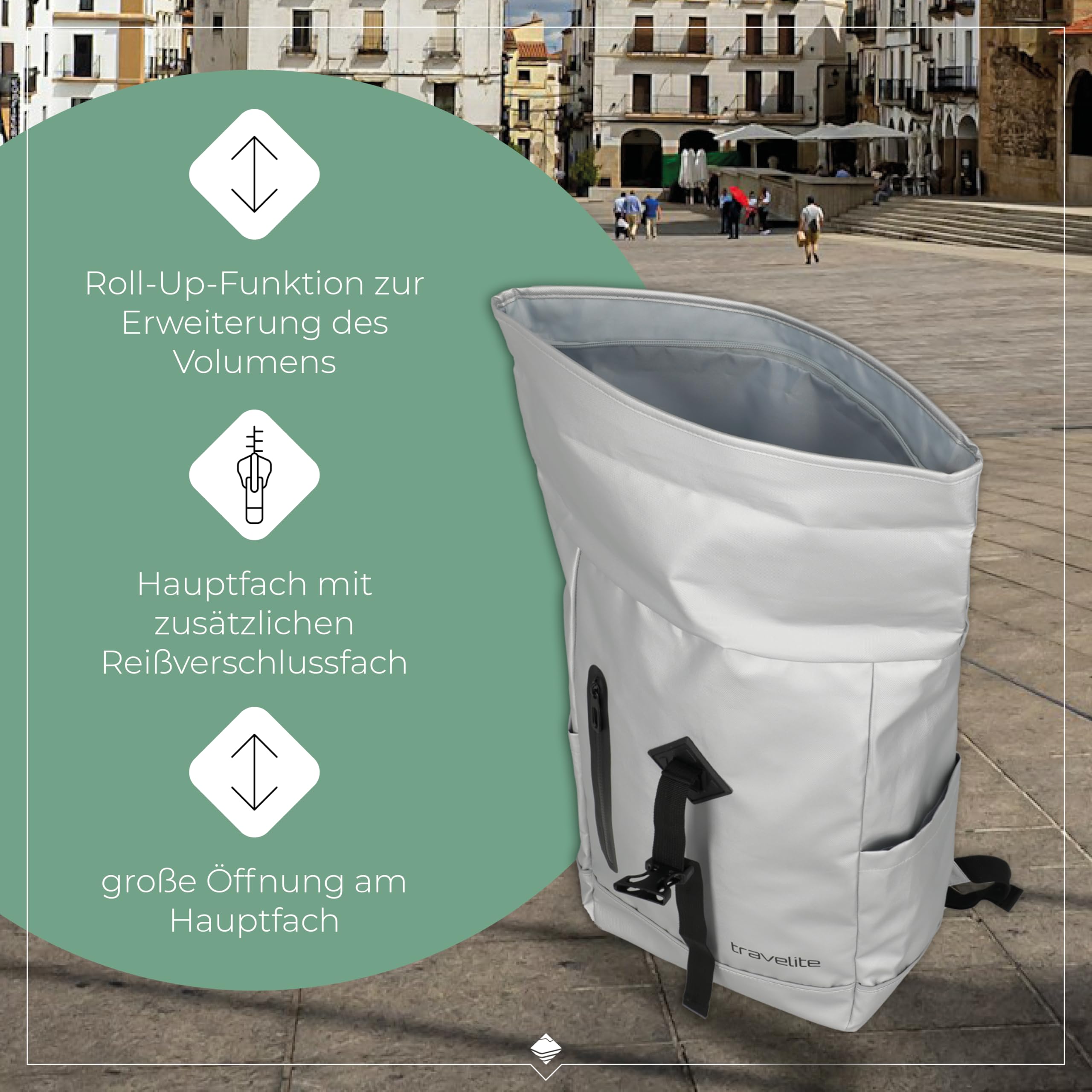 Travelite Rolltop Rucksack wasserfest, Fahrradrucksack, Freizeitrucksack mit Rolltop Verschluss & Reflektoren, BASICS, 48 cm, 19 Liter