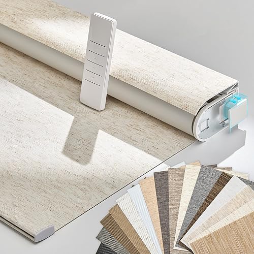 Persilux Smart Motorized Blinds with Remote, No Drill Automatic Roller Shades for Indoor Windows, Blackout Linen Fabric, Electric Blinds for Windows, Linen Cream C156BO-1, Custom Size