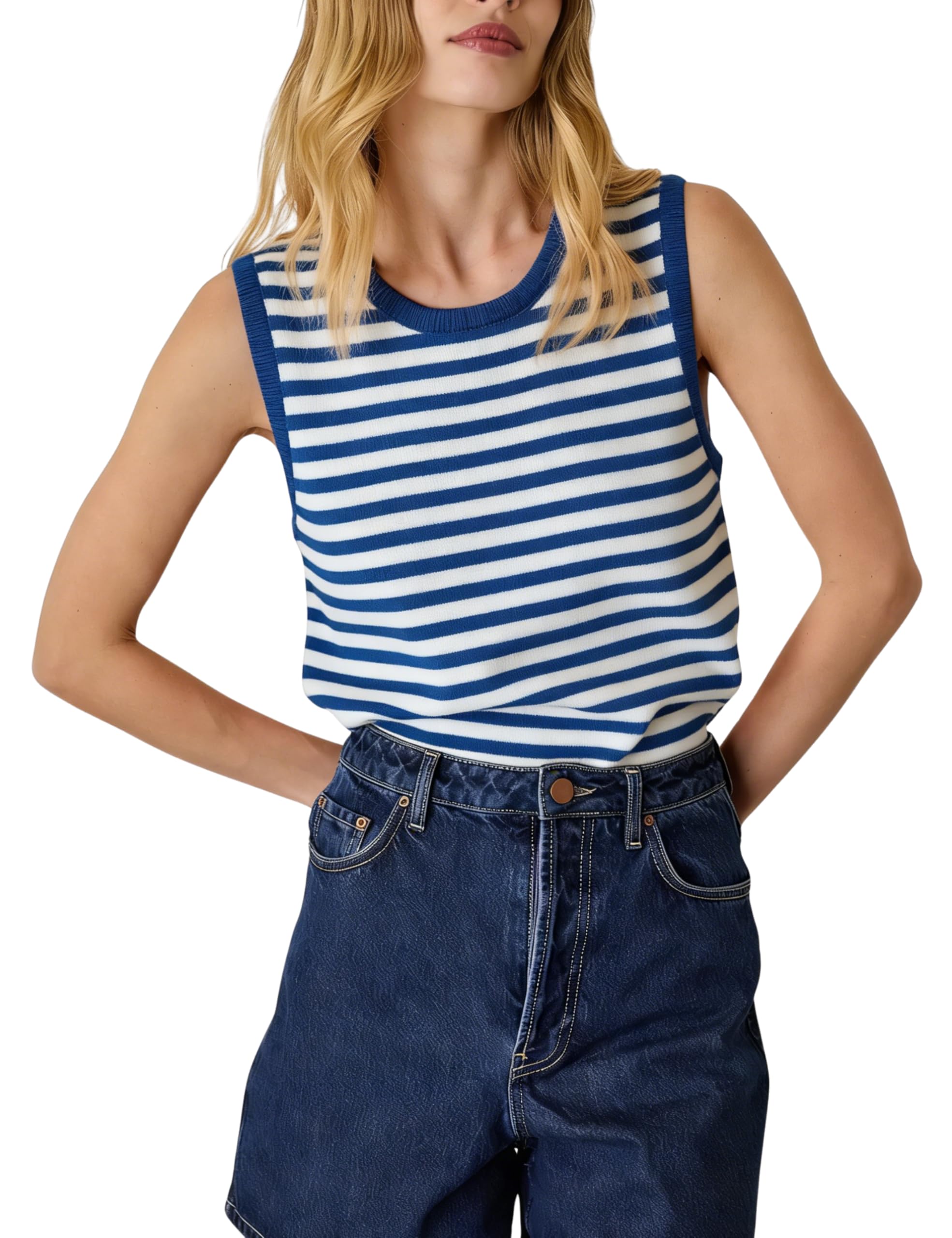 Hongsui Women's Striped Color Block Sweater Vest Ribbed Knit Tank Tops Oversized Crewneck Pullover