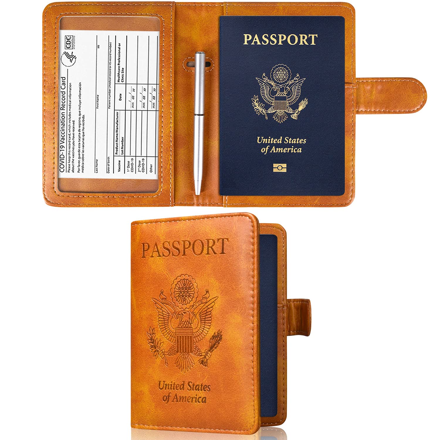 Caweet Passport and Vaccine Card Holder Leather Vaccination Card Wallet with Magnetic Closure, Brown