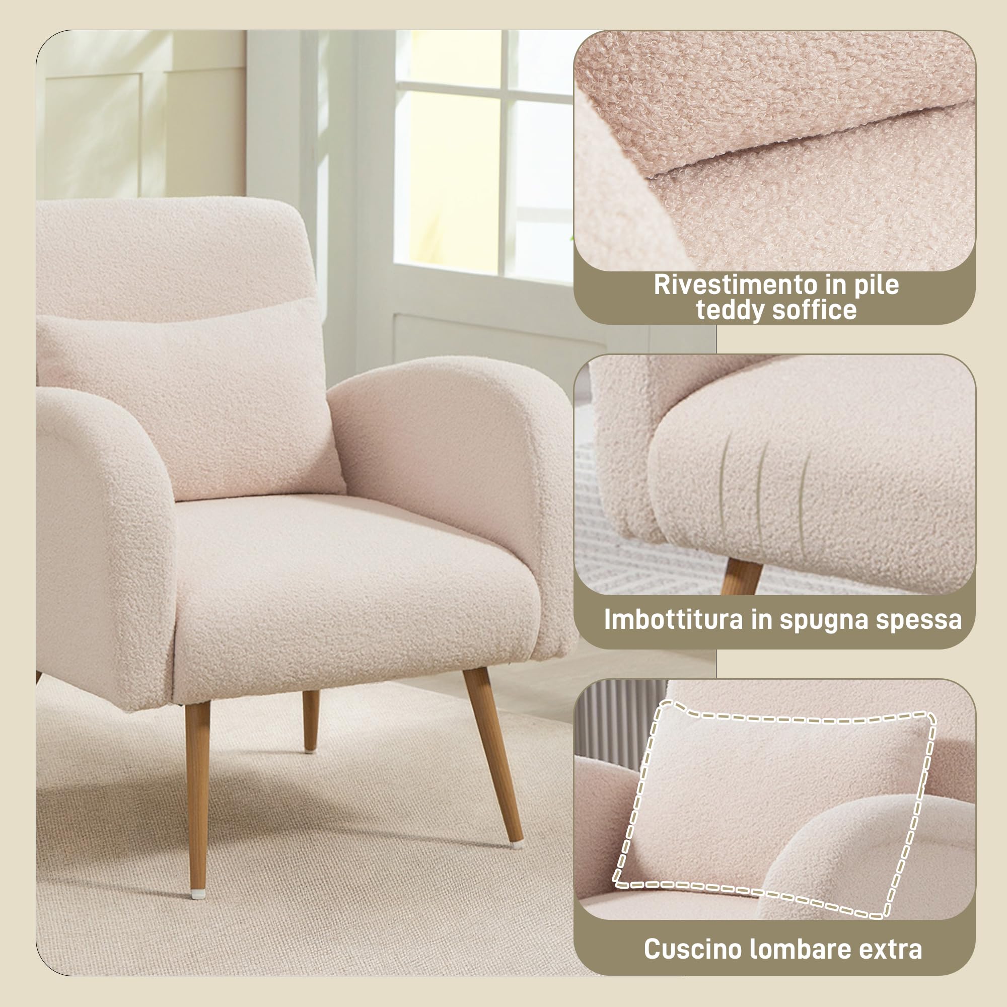 HOMCOM Poltrona per Salotto Imbottita, Poltroncina da Camera in Tessuto Teddy con Cuscino Lombare, Poltrona da Lettura con Gambe Effetto Legno in Metallo per Soggiorno e Studio, 77x77x83 cm, Beige