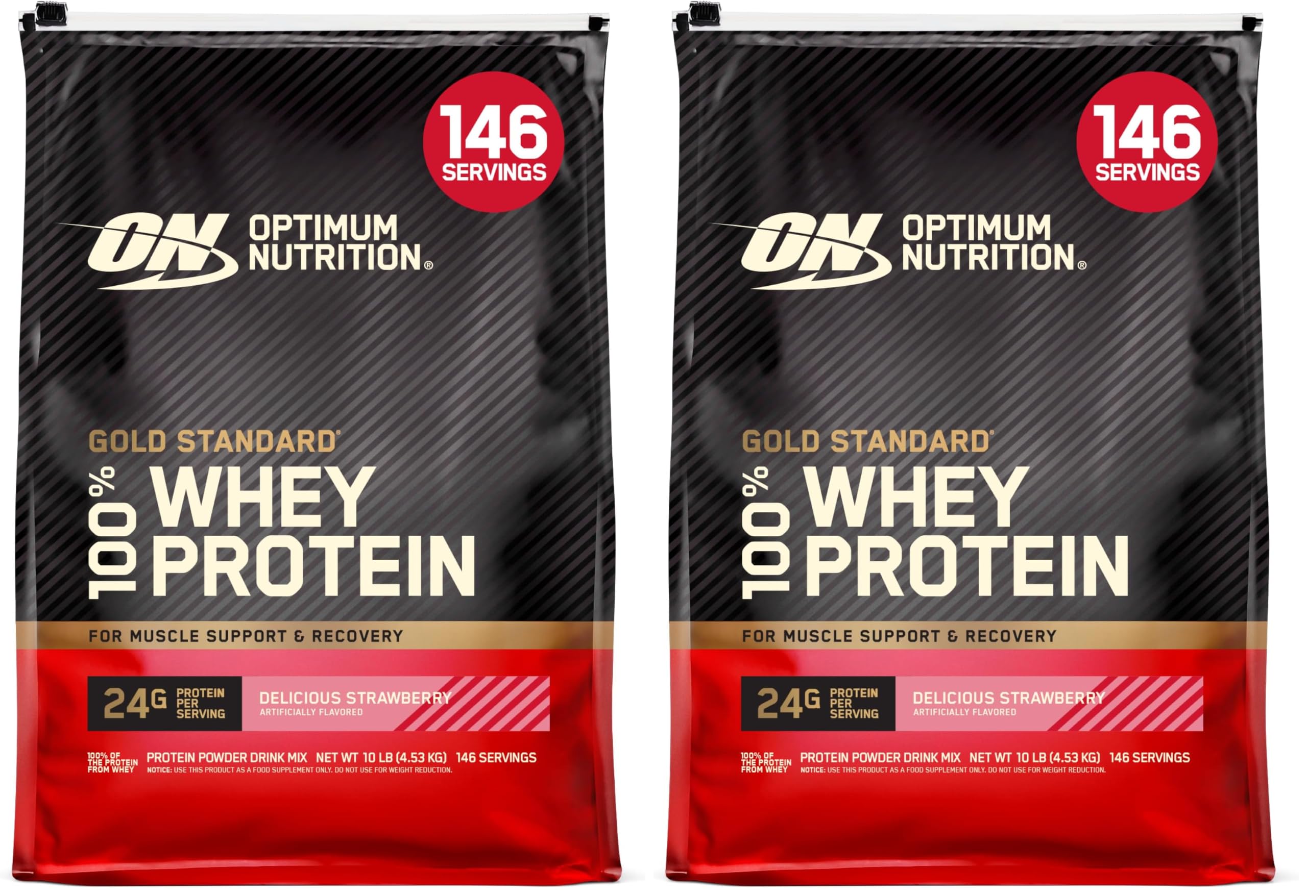 Optimum Nutrition Gold Standard 100% Whey Protein Powder, Delicious Strawberry, (Packaging May Vary), 10 Pound (Pack of 2)