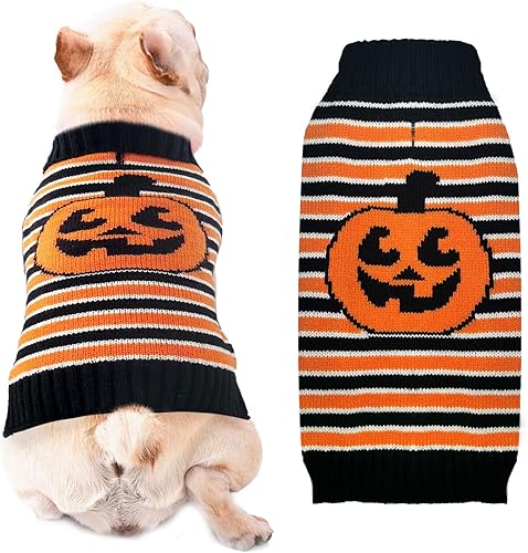 XGDMEIL Suéter de Halloween para perro, divertido suéter de calabaza para cachorros con agujero para la correa, cuello alto, ropa cálida para perros