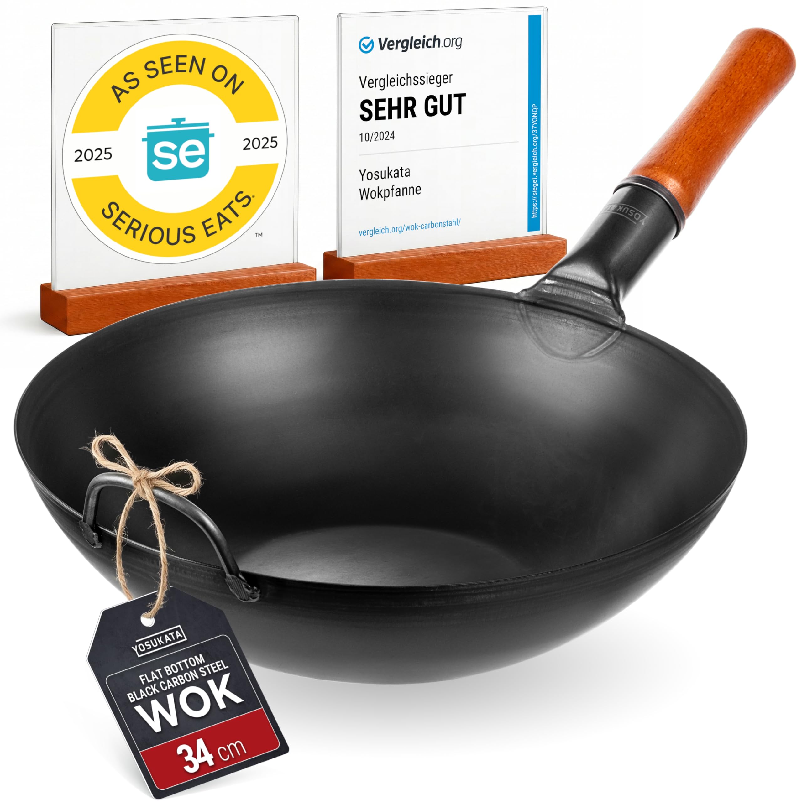 YOSUKATA Carbon Steel Woks and Stir Fry Pans 34 cm - Traditional Chinese Japanese Wok with Flat Bottom - Compatible with Induction, Electric, Ceramic, Gas cooktops, and Open Flame, BBQ, Grill
