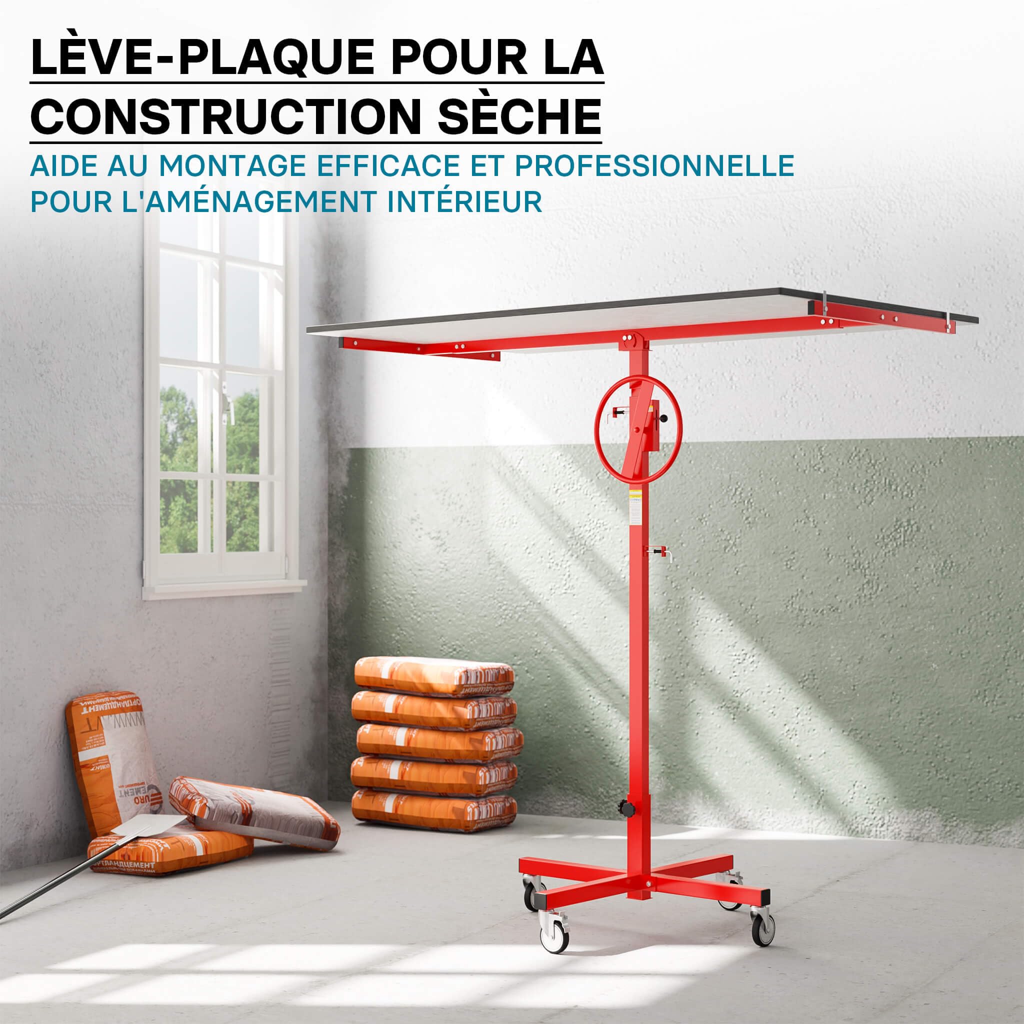 XPOtool Lève-panneaux pour panneaux placoplâtre - Hauteur 170-290 cm/Charge max. 40 kg/Angle d'inclinaison 35° / 4 roulettes - Lève-plaque Monte panneau Aide montage de plaquisterie construction