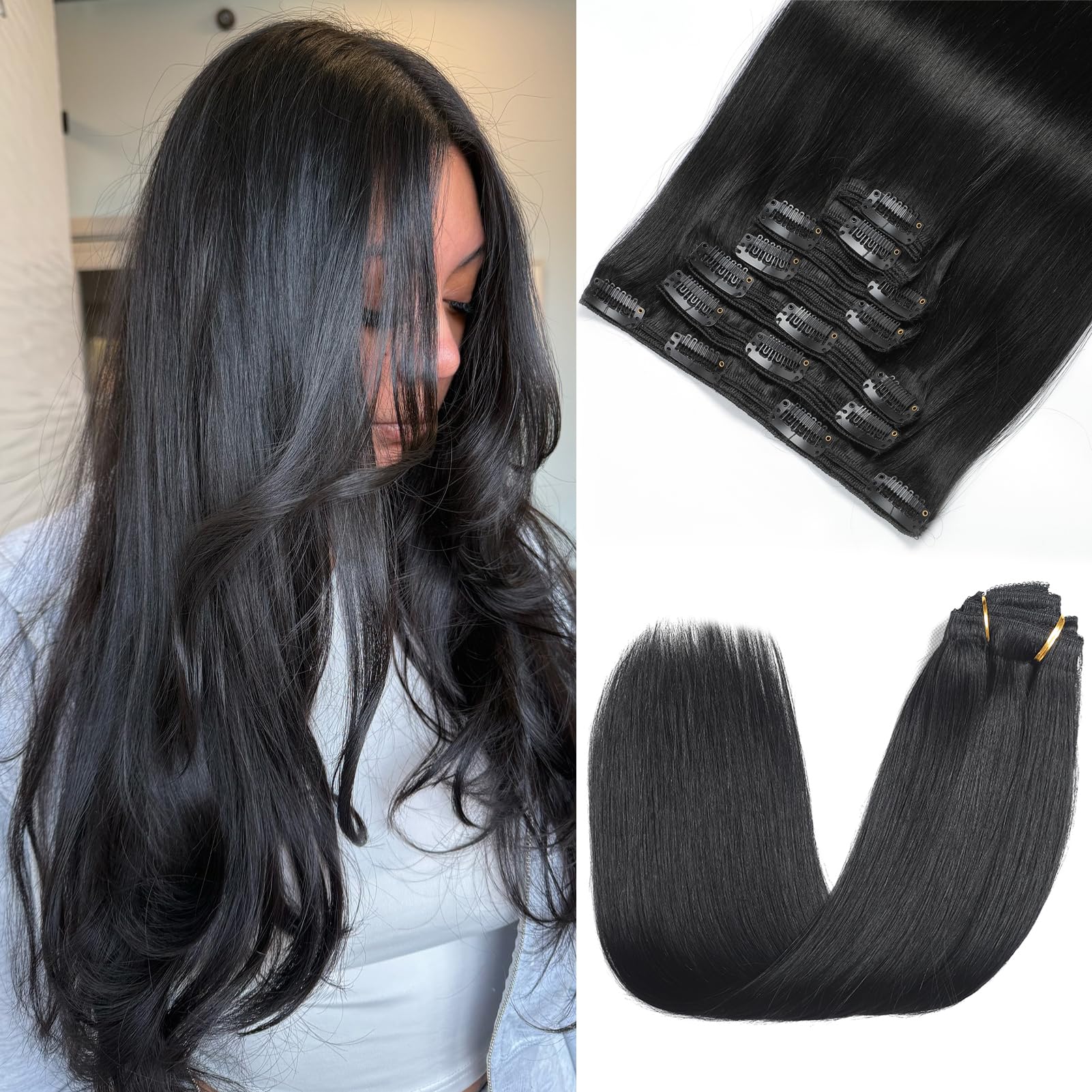 Rimoss Clip in Hair Extensions Real Human Hair - 20 Inch 160g, 7pcs Natural Black Color - Soft Human Hair Clip in Hair Extensions Straight for Women (