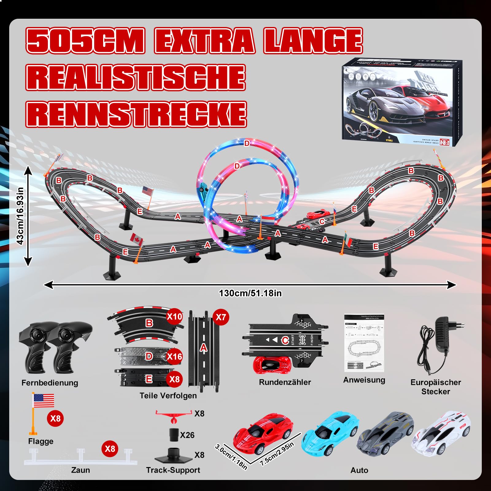Elektrische Rennbahn Kinder, Autorennbahn Beleuchtete Elektrische Rennstrecke 1:64 Autobahn - 4 LED Auto, Rundenzähler, 360°-Looping, Rennstrecke Auto Spielzeug für Kinder 3 6-12 Jahre (L)