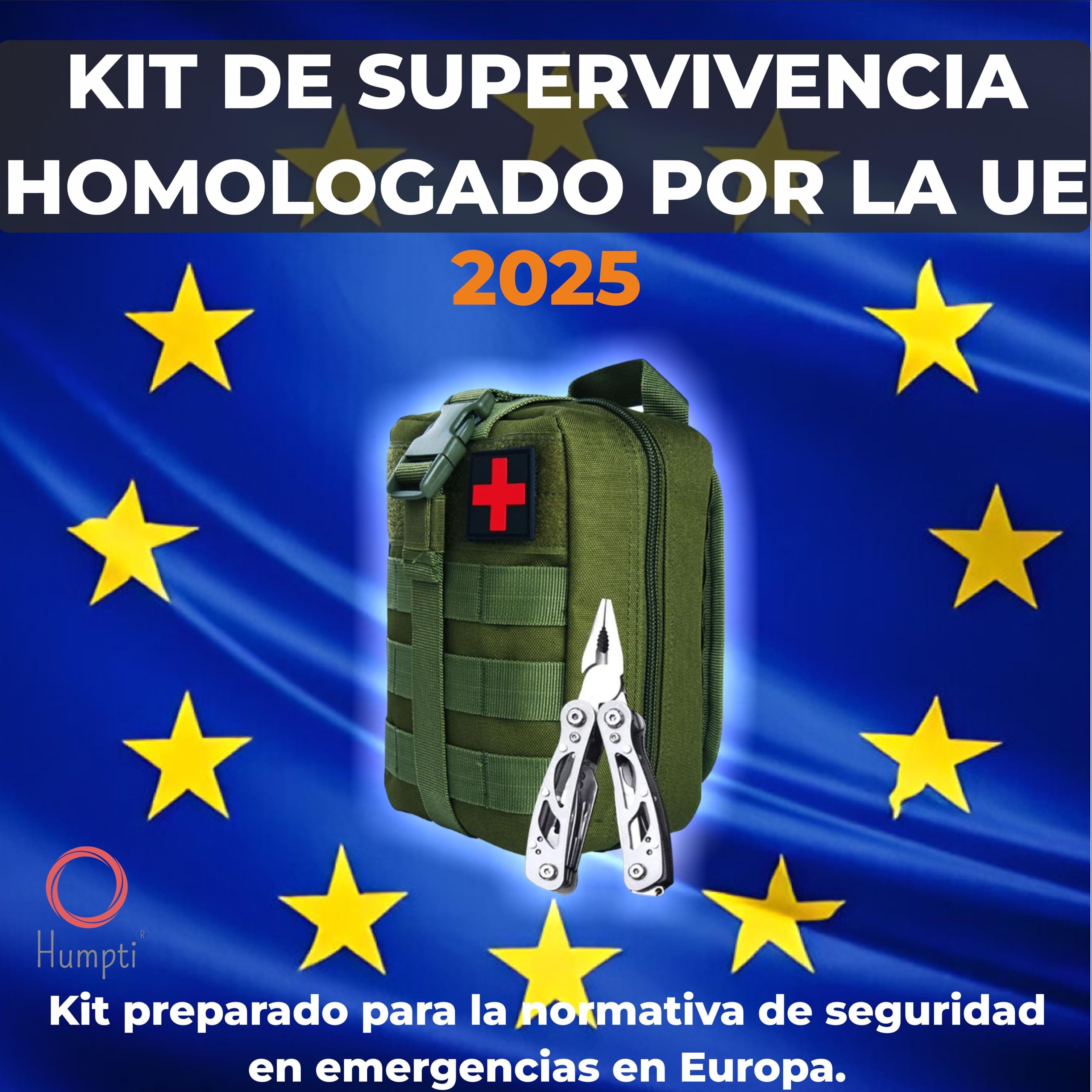 Kit Supervivencia UE 2025 con Mochila Botiquín y Linterna, Manta Térmica Supervivencia, Cuchillo Supervivencia Militar Profesional más Hacha, Tiritas, Vendas, Silbato y Brújula (Titán - Premium)