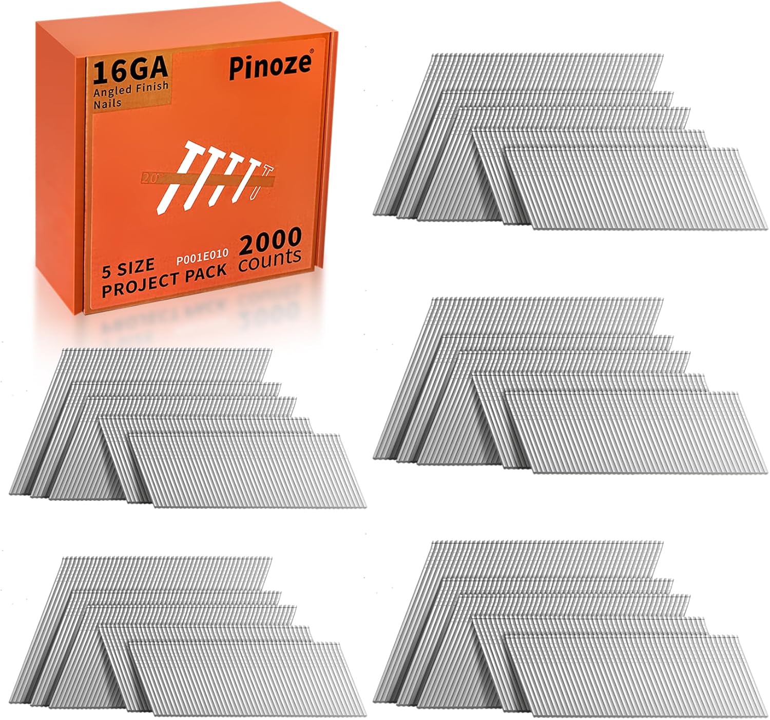 PINOZE 16 Gauge Angled Finish Nails, 20-Degree, 2000-Count (2-1/2", 2", 1-3/4", 1-1/2", 1-1/4") 16GA Galvanized Finishing Nails, Assorted Framing Nail Gun Nails for Pneumatic, Electric Finish Nailer