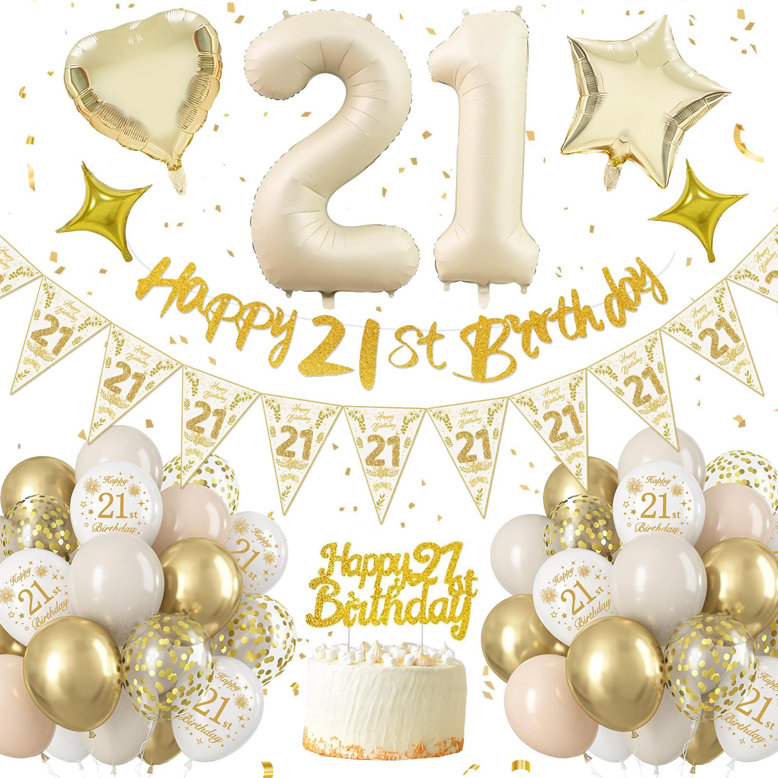 21st Birthday Decorations, Sand White Gold 21 Birthday Party Decorations,Happy 21st Birthday Banner,21st Birthday Balloons,Foil Balloons,Triangle Flag,Cake Topper,21 Birthday Party Supplies for Girls