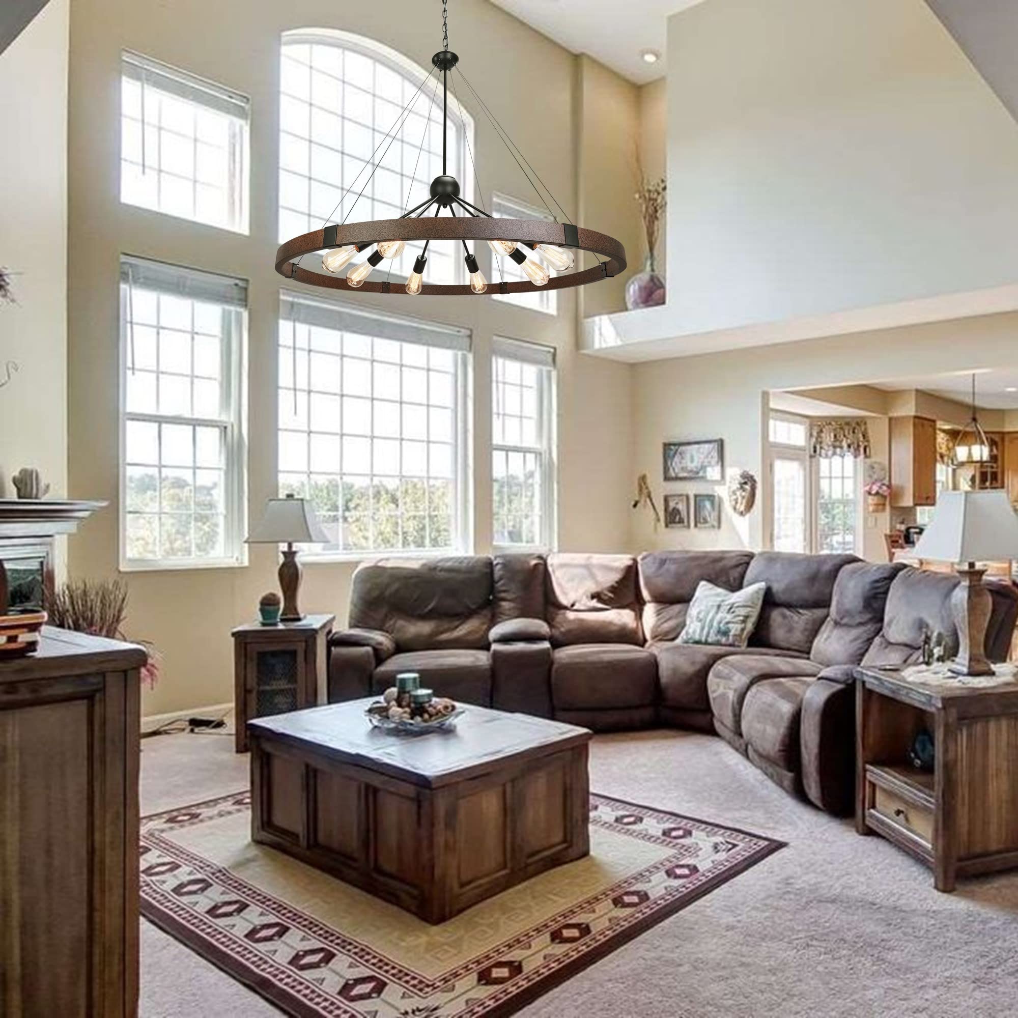 8-Light Large Rustic Wagon Wheel Chandelier Diam 38.2'', Farmhouse Round chandeliers for dining room, Industrial Metal Light Fixture for Living Room Bedroom Entryway, Vintage Iron Rust Finishe